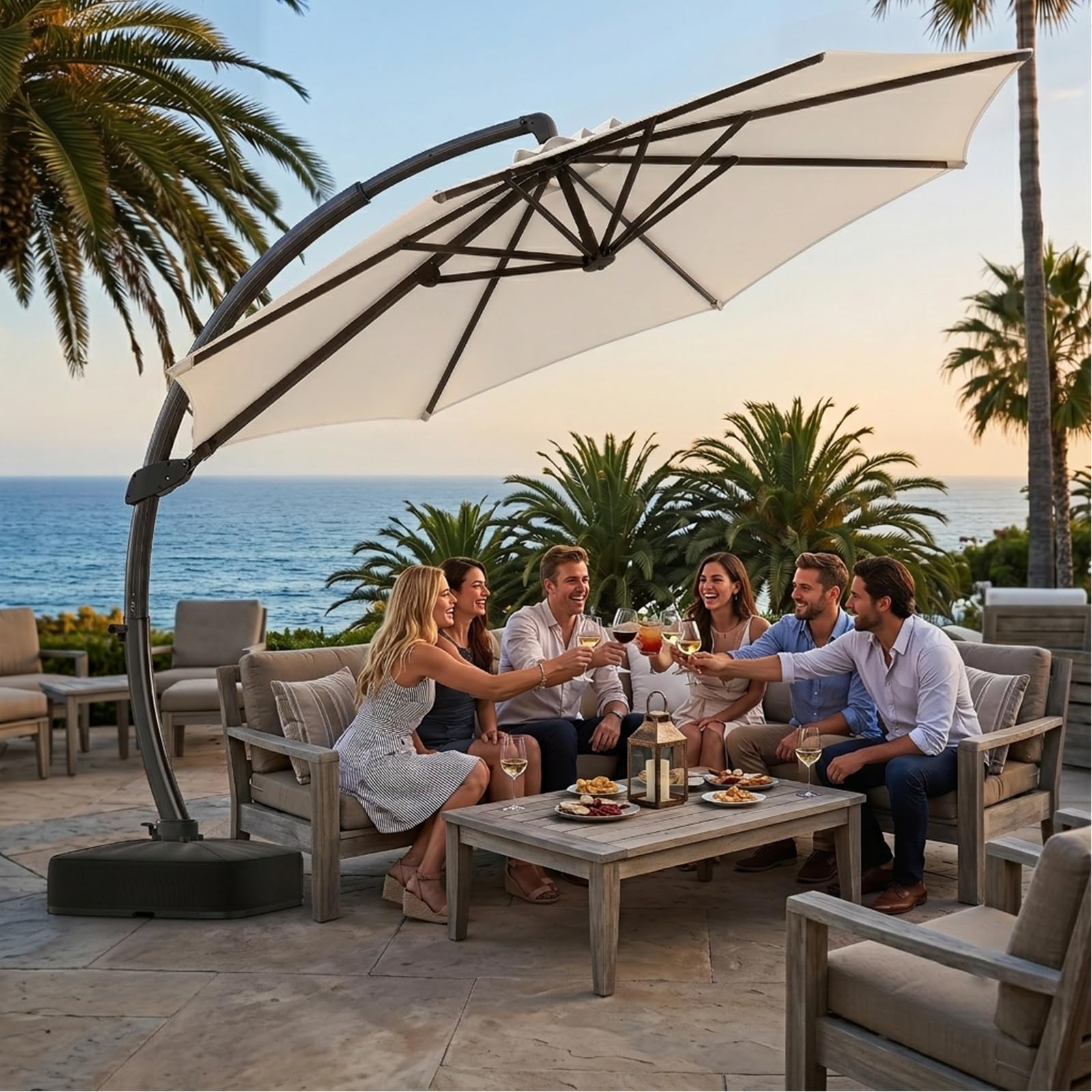 GOPLUS Parasol Déporté 330x330cm à Bras Courbé avec 4 Sacs à Sable | Grand Parasol de Jardin Exterieur Pivotant avec 8 Baleines, Résistante au Vent, Protection Solaire, pour Terrasse Patio Plage