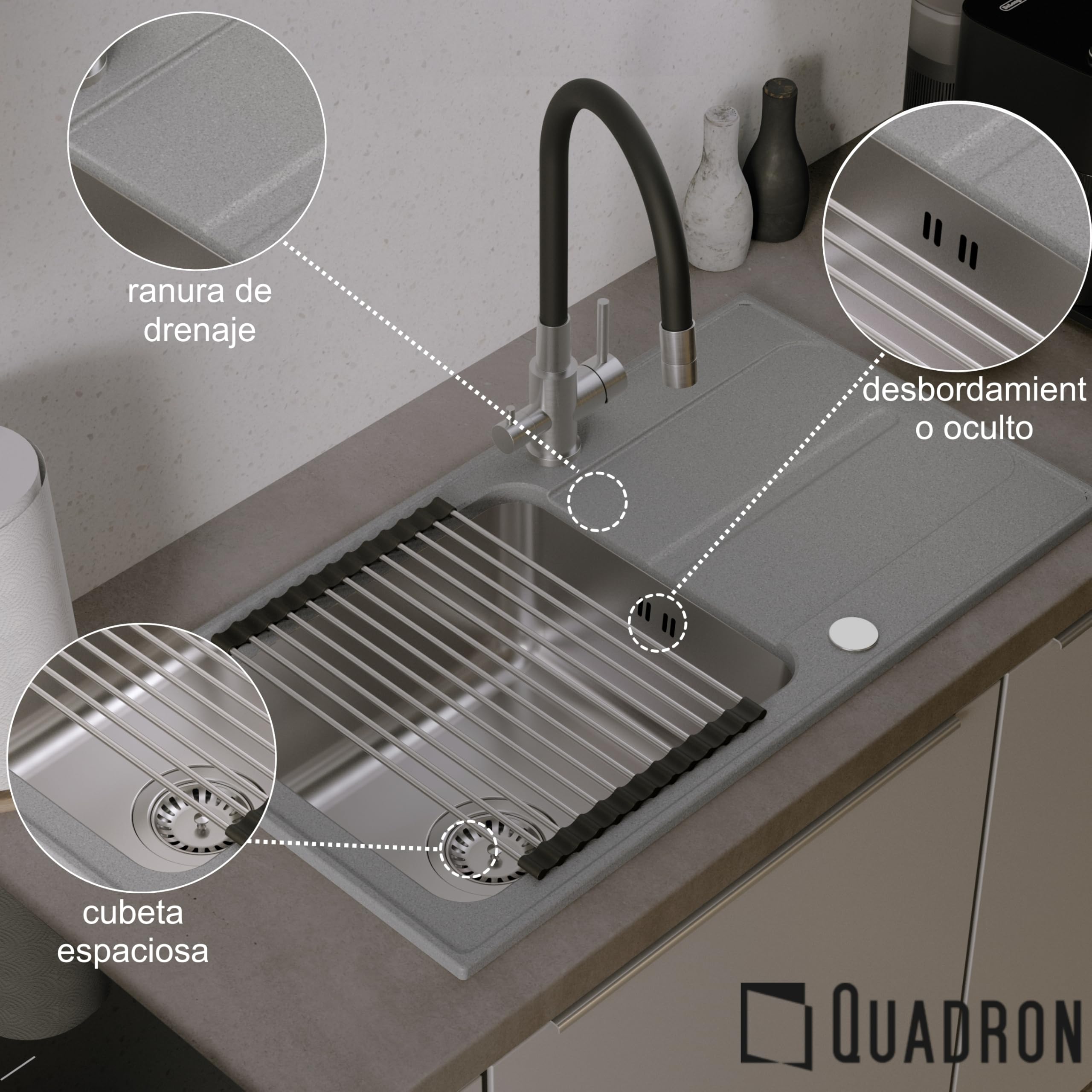 QUADRON fregadero gris | tamaño 78 x 43 cm | RALPH 111 fregadero de cocina de un seno con cubeta de acero | granito y acero inoxidable | con sifón y tapón de rosca | con escurridor
