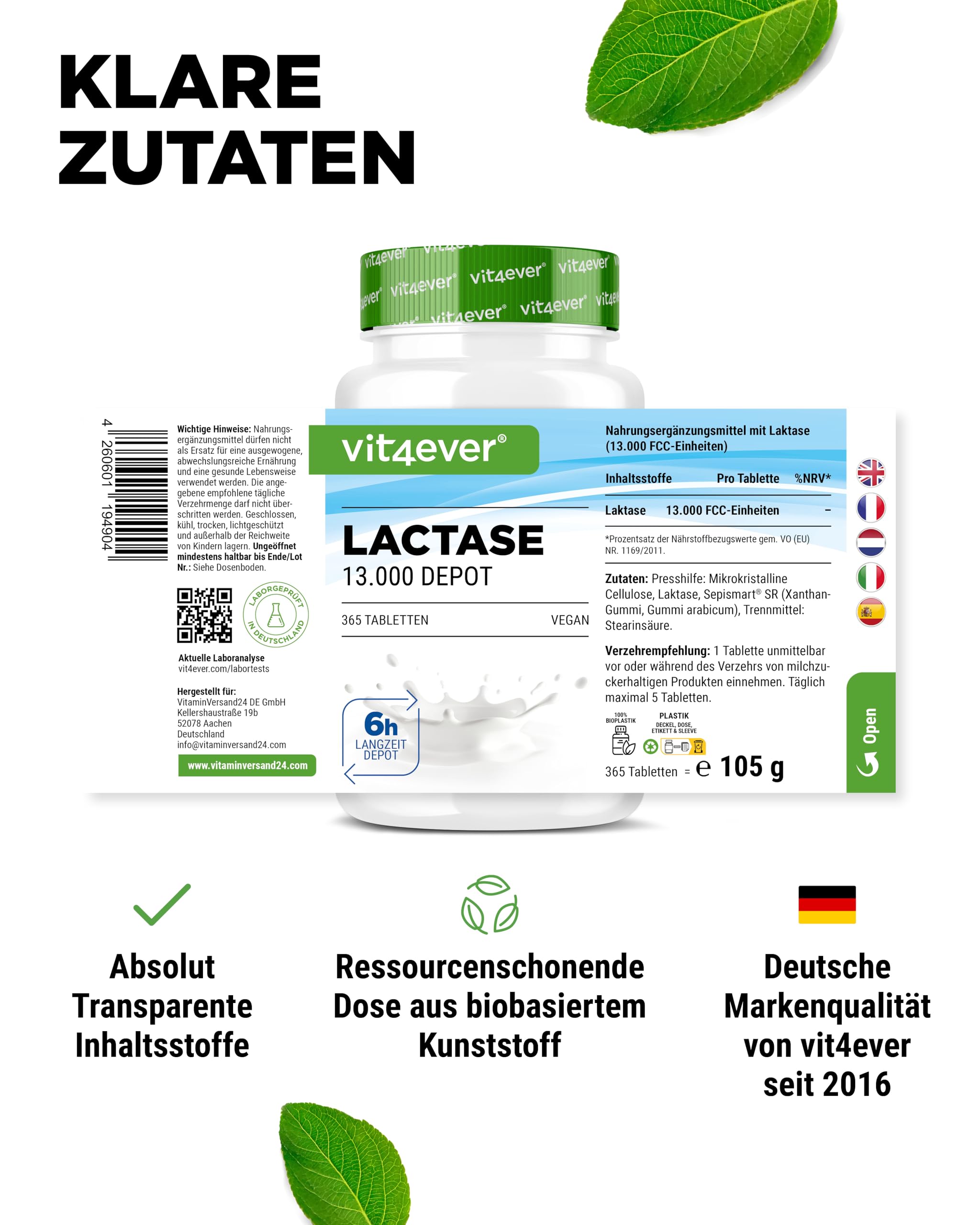 vit4ever Laktase 13.000 Depot - 365 Tabletten mit Depotwirkung (Sepismart® Slow Release) - Hochdosiert mit 13.000 FCC-Einheiten - Bei Laktoseintoleranz + Milchunverträglichkeit - Vegan