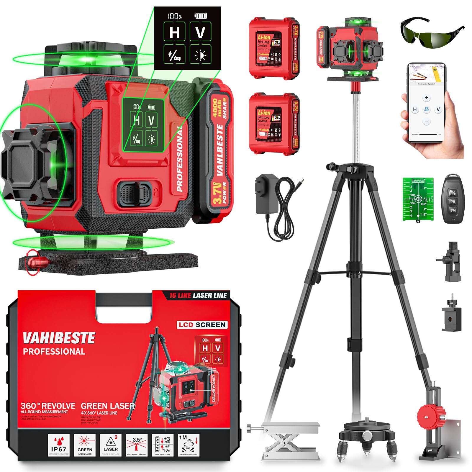 Livella Laser con Treppiede,Livella Laser Autolivellante 360 con 2x4800mAh Batterie,4x360 °Livello Laser con Display LED,16 Linee Laser Verde/APP/Telecomando per l'edilizia/Appendere Quadri