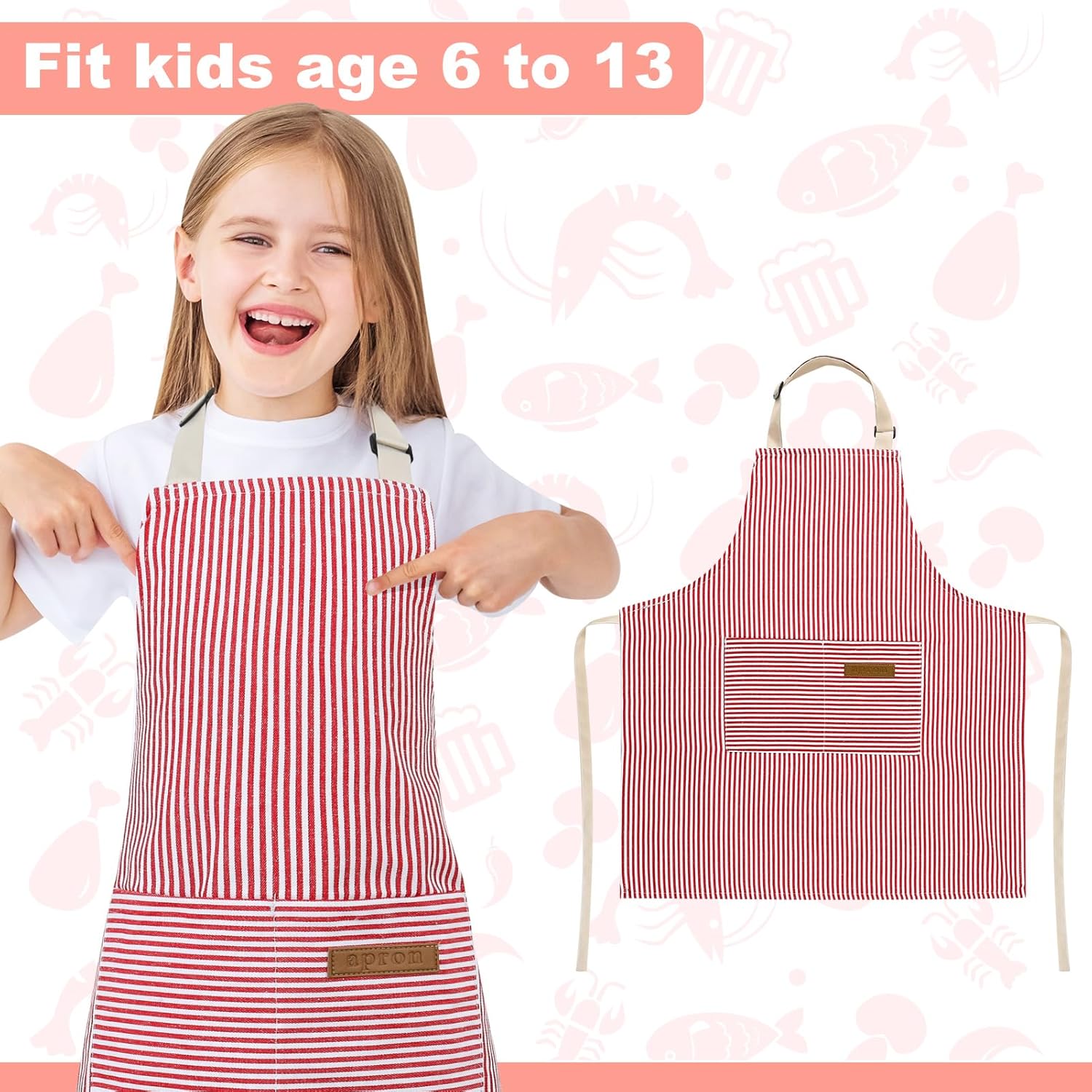 Stripes Kids Apron, Kids Cooking Aprons with 2 Pockets, Cute Kids Aprons for Cooking for Boys and Girls - Image 4