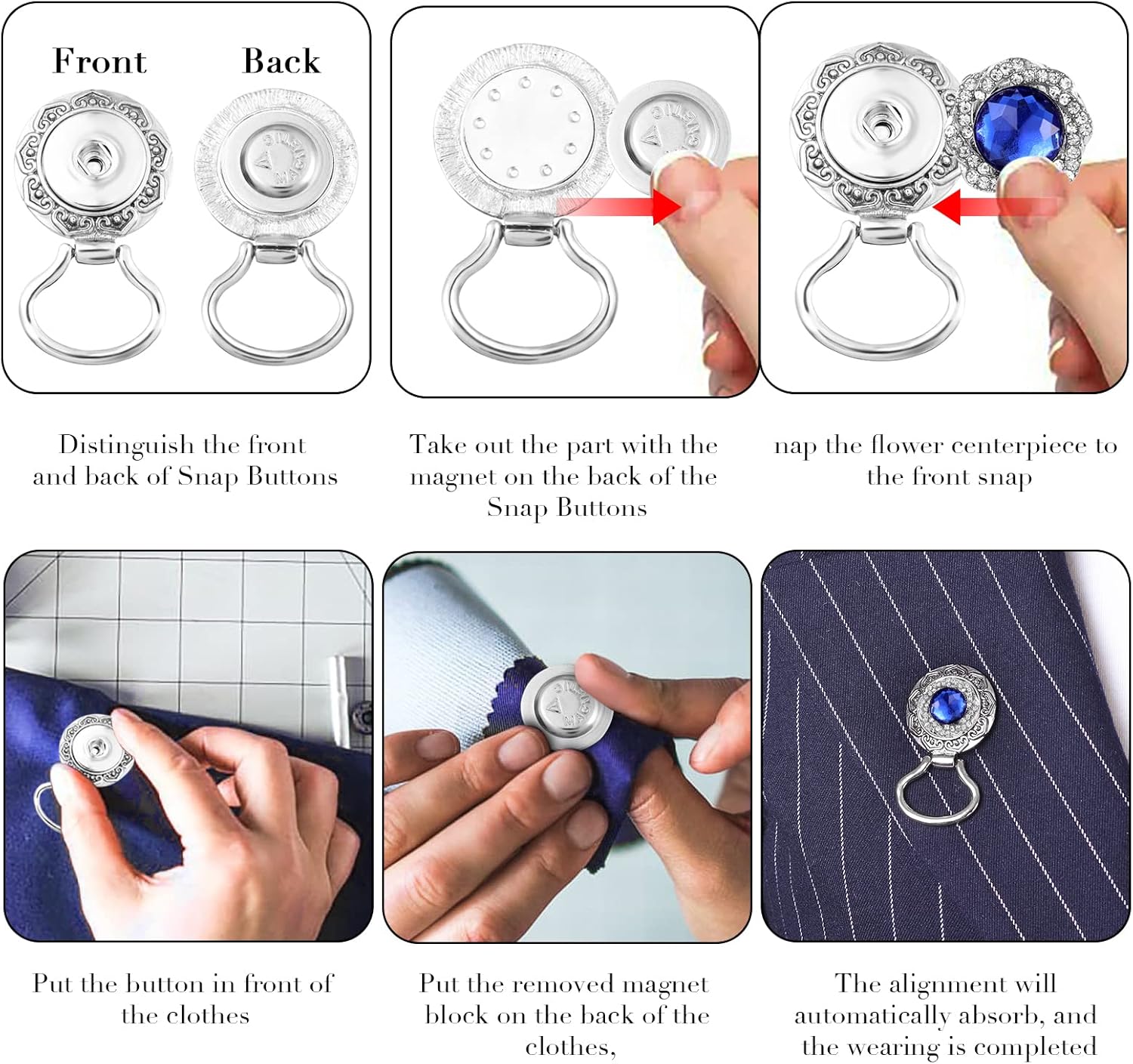 MJartoria Interchangeable Snap Buttons Centerpiece Rhinestone Eye Glass Holding Brooch (12pcs Blue-Rhinestone) - Image 6