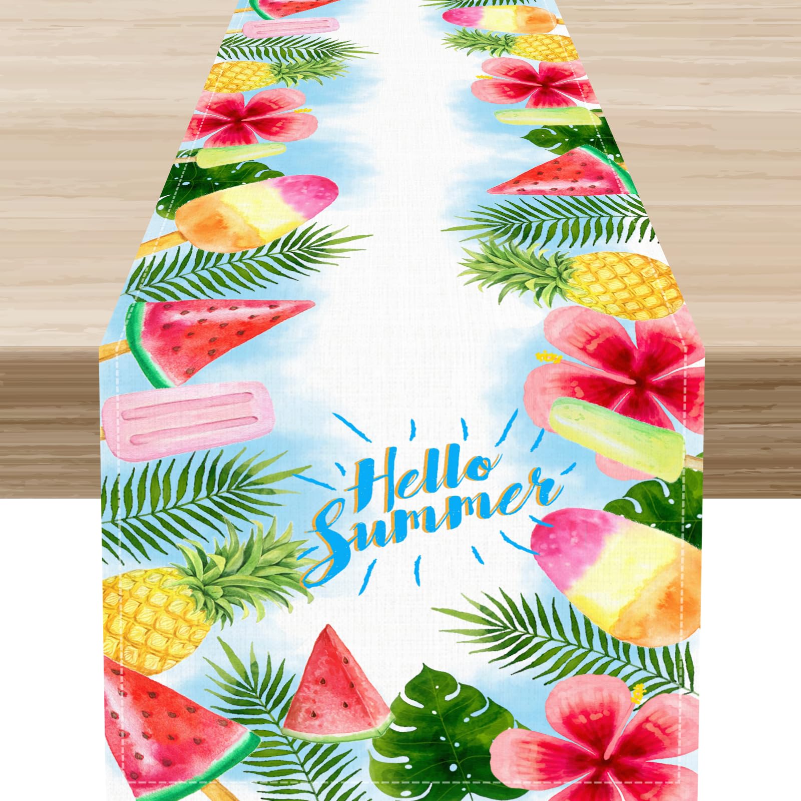 Summer Table Runner, Hello Summer Watercolor Ice Cream Fruit Palm Floral Blue Tropical Coffee Table Center Decor for Family Kitchen and Living Room