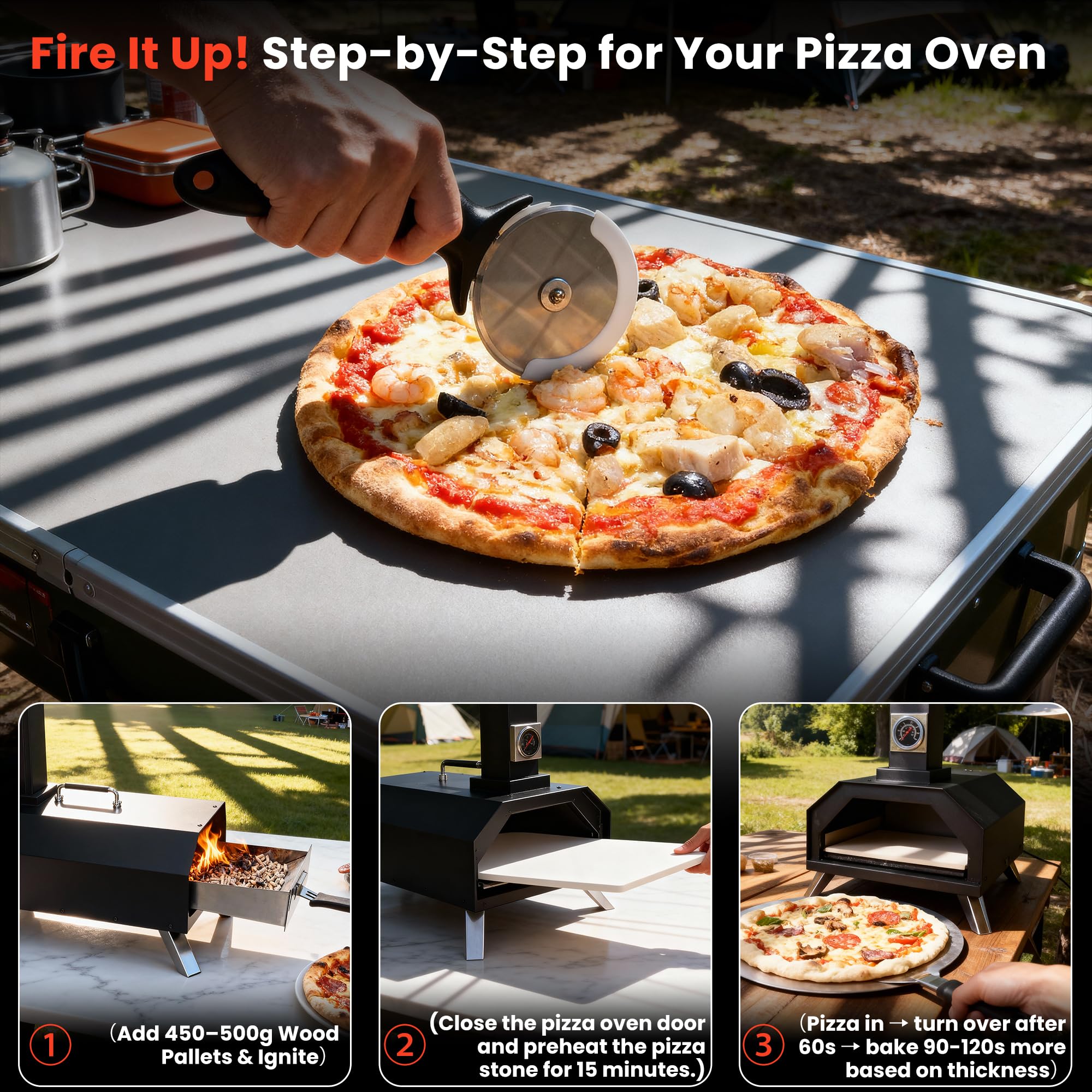 Forno per pizza a pellet di legno pieghevole portatile, 28cm | per uso esterno, termometro integrato e pietra quadrata per pizza, ideale per campeggio, cortile, patio, giardino e feste