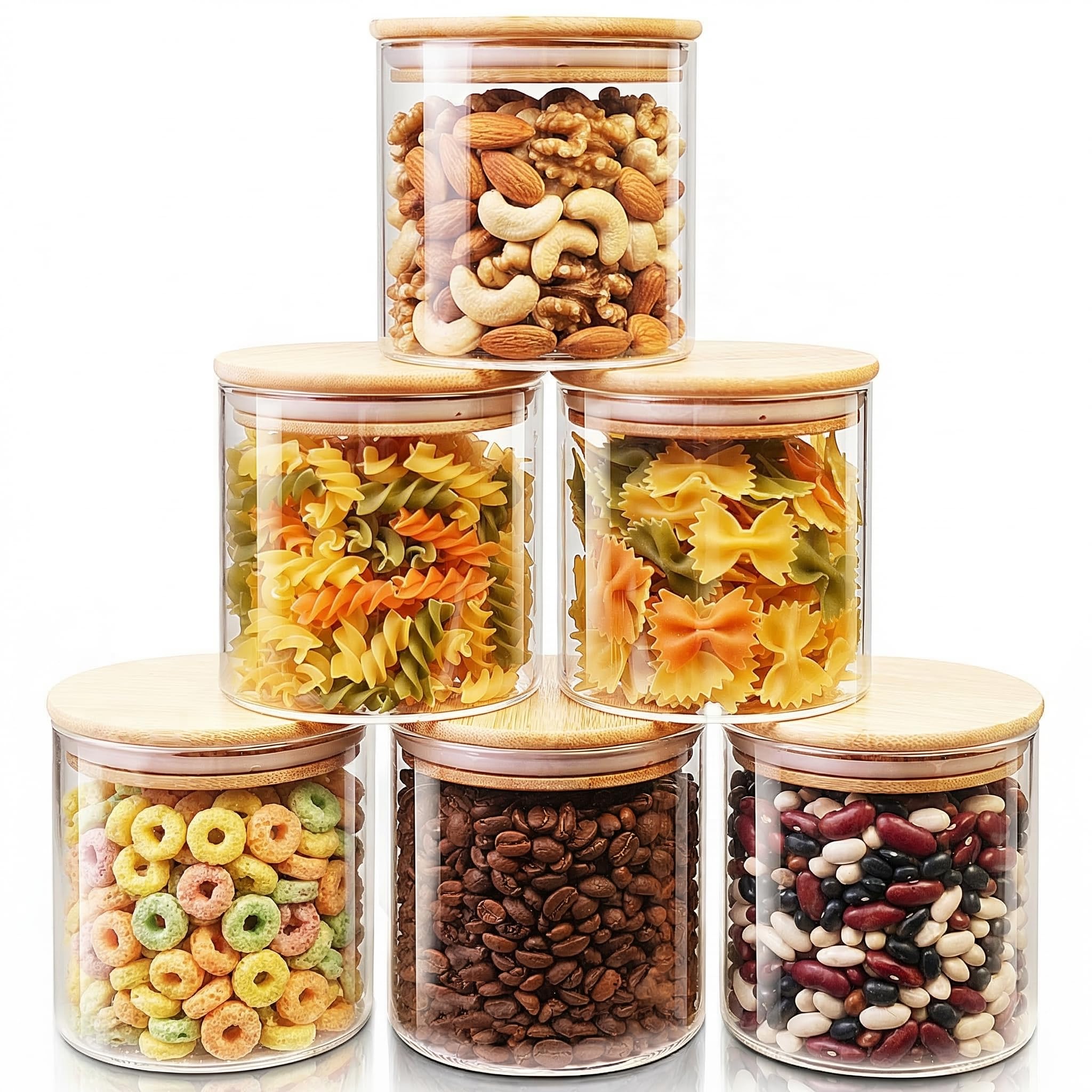 HomArtist Tarros de vidrio con tapas de bambú de 27 onzas líquidas (juego de 6), recipientes de vidrio con tapas herméticas, recipientes de vidrio para almacenamiento de alimentos para café, azúcar,