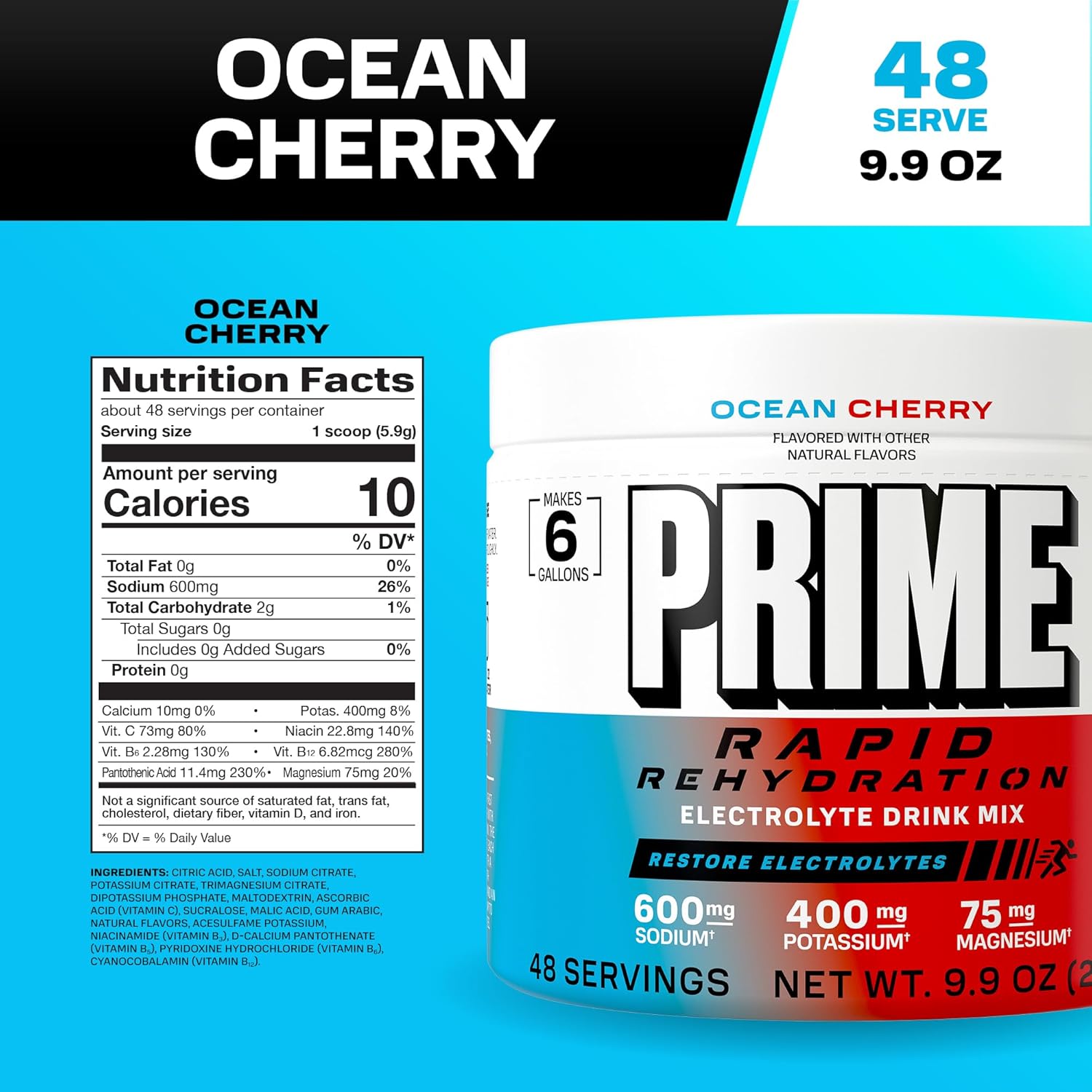 Prime Rapid Rehydration Electrolyte Powder, Ocean Cherry, Sugar Free Hydration Drink Mix with Sodium, Potassium, Magnesium & B Vitamins to Replenish Fluids, Caffeine Free, 6 Gallon Tub, 48 SRV