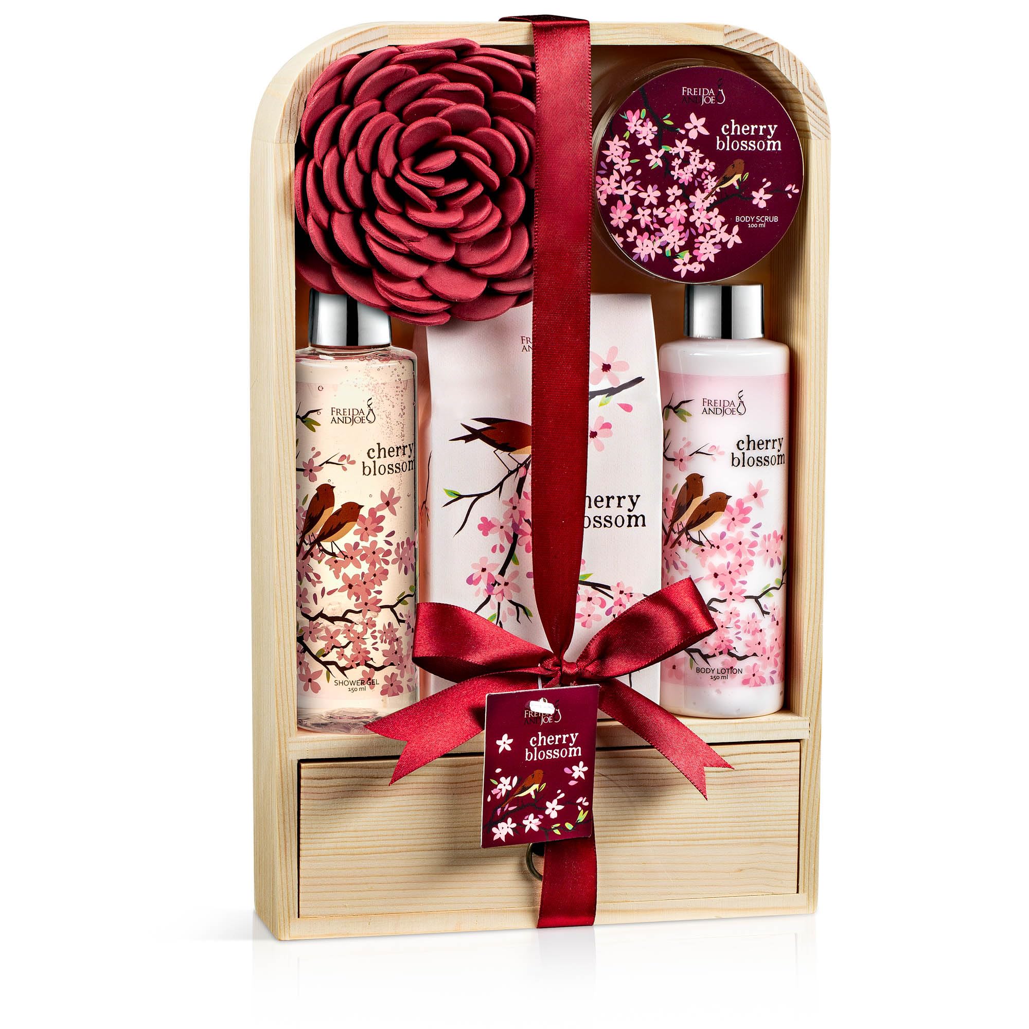 Elegant Modern Bath and Body Gift Set Home Spa Set with Shower Gel, Body Lotion, Bath Salt, Body Scrub & Pouf in Wooden Curio (Modern Cherry Blossom)
