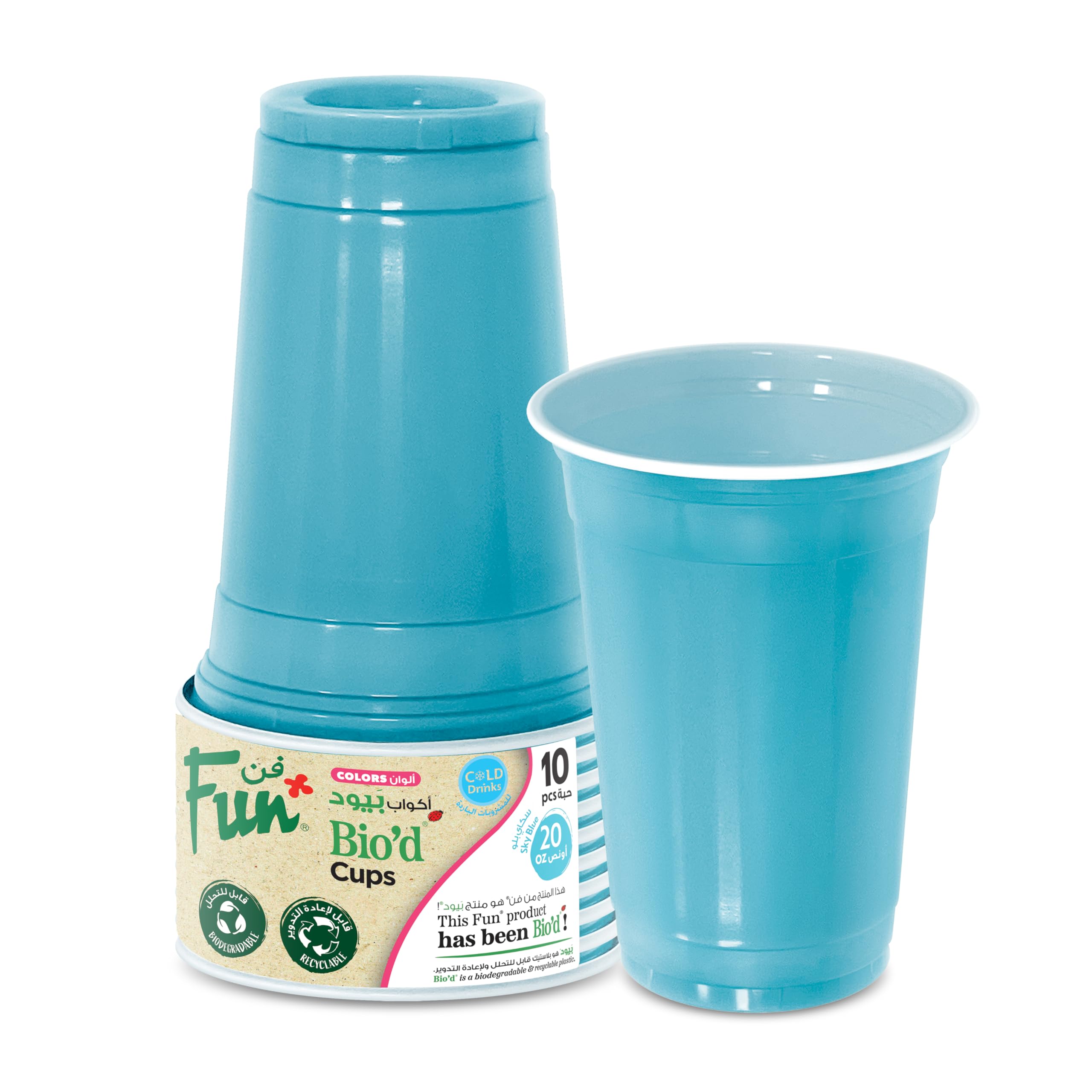 FUN BY AL BAYADER فن Colors Bio`d Cups 20 oz - Biodegradable disposable Cup for juices, Water, Cold Drinks,Drinking Cups- Sky Blue (Pack of 10)