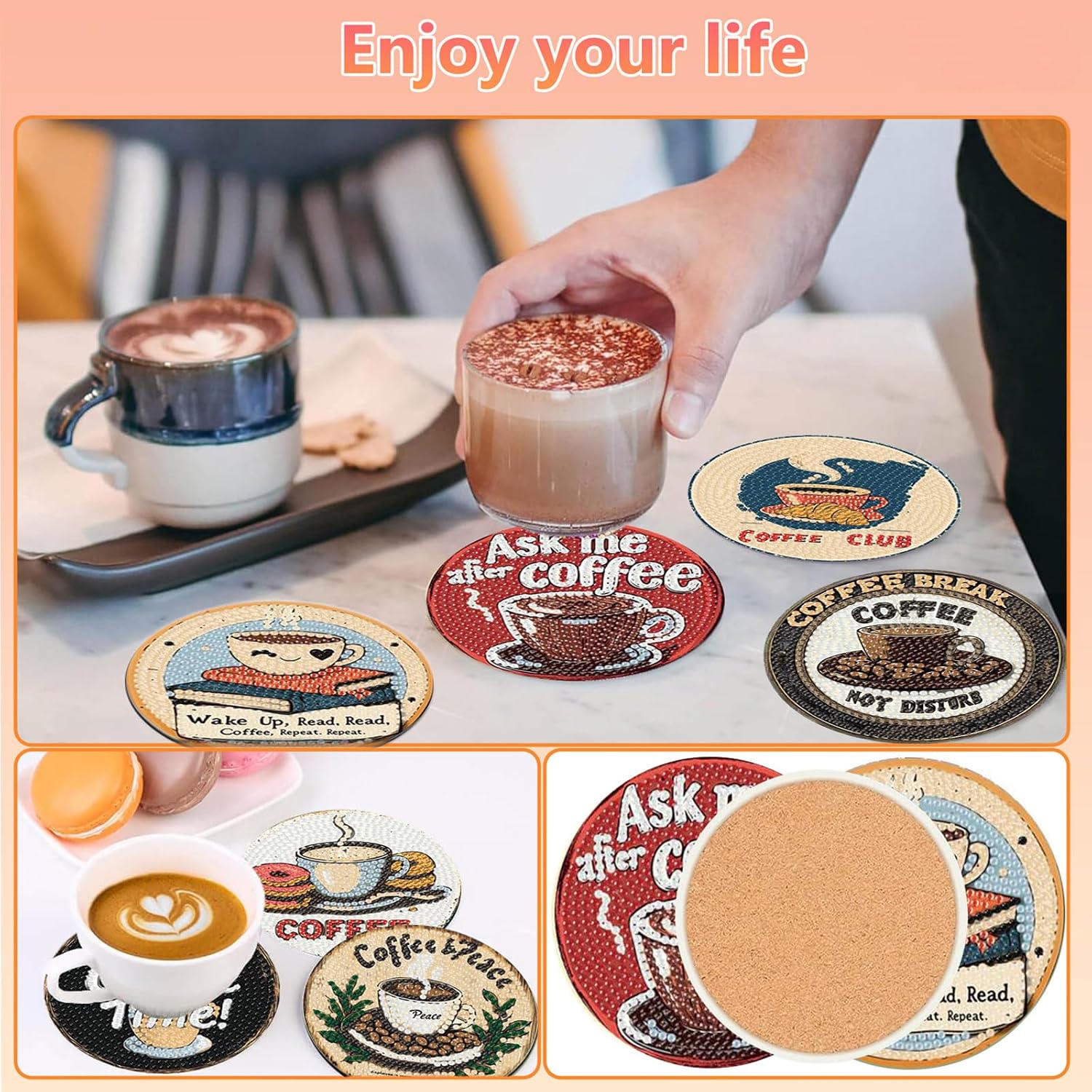 Coffee Diamond Art Coasters Kit for Adults, Diamond Painting Coasters 8 Pcs image 4