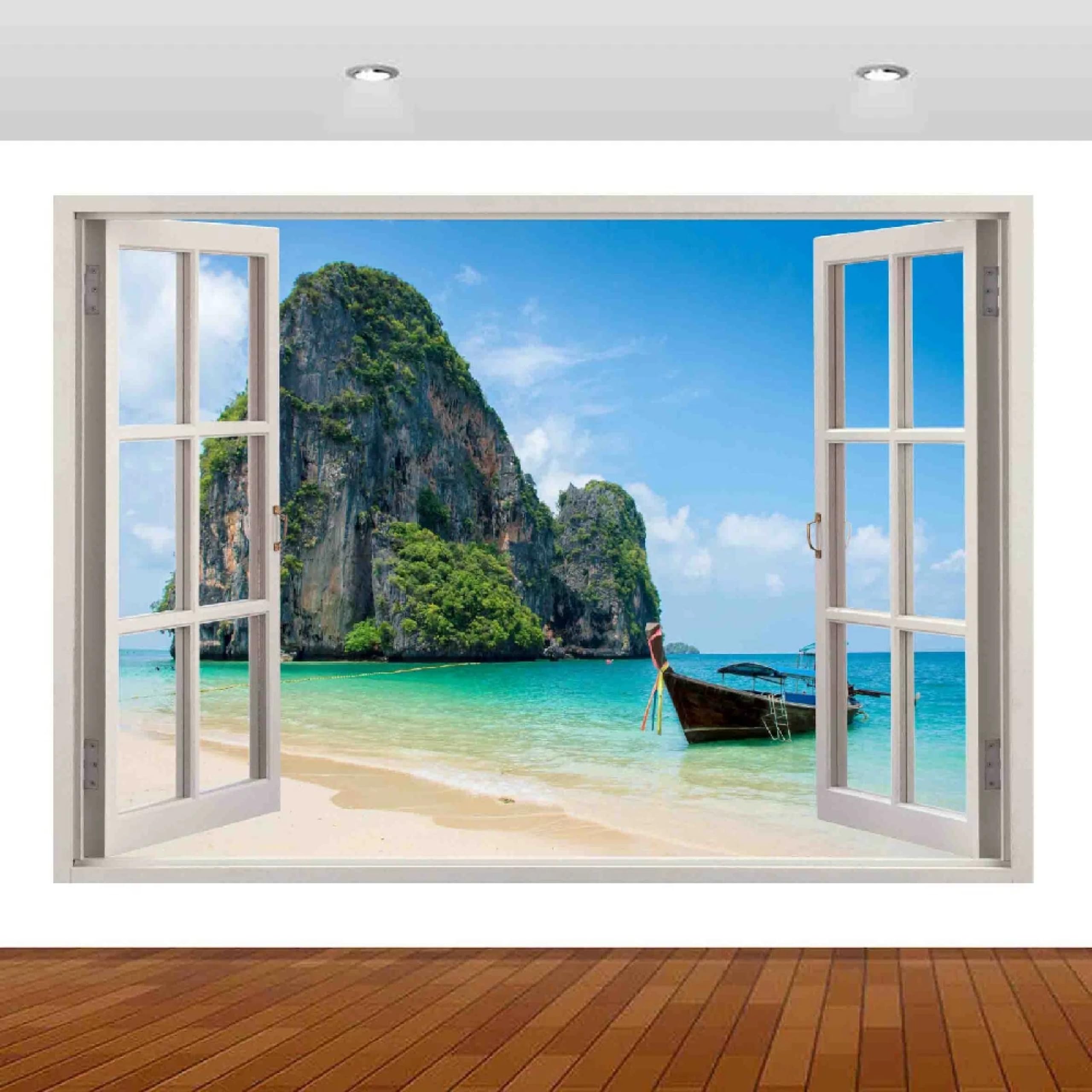 Adesivi decorativi da parete 3DVacanza Sull'isola In Barca Adesivi murali Decalcomanie murali 3D fracassate Wall Vinyl Family for Camera da letto Soggiorno Nursery Home Wall Décor 58x101cm