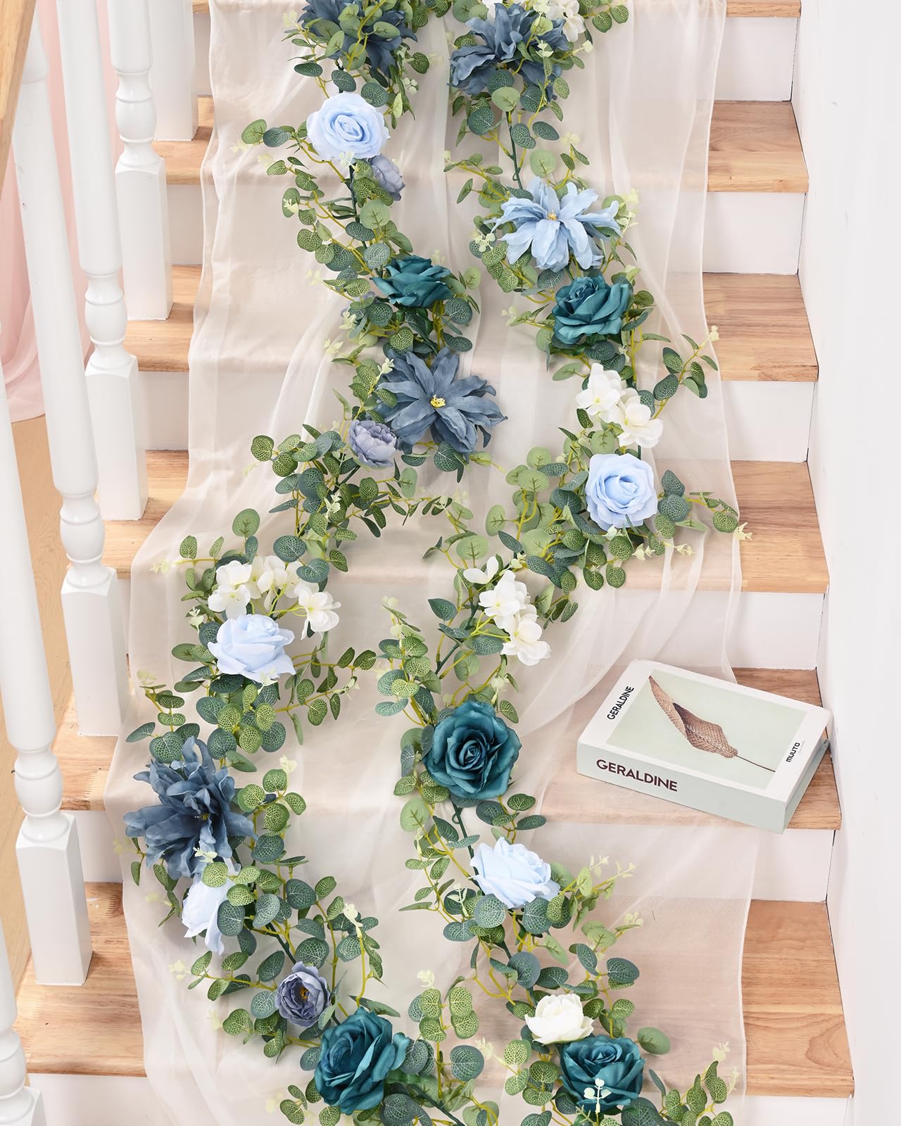 Waipfaru 6.07Ft Artificial Eucalyptus Garland with Flowers, Wedding Table Flower Garland Decorations, Floral Rose Garland for Centerpieces Backdrop Wall Flower Vines for Room Decor (Dusty Blue)