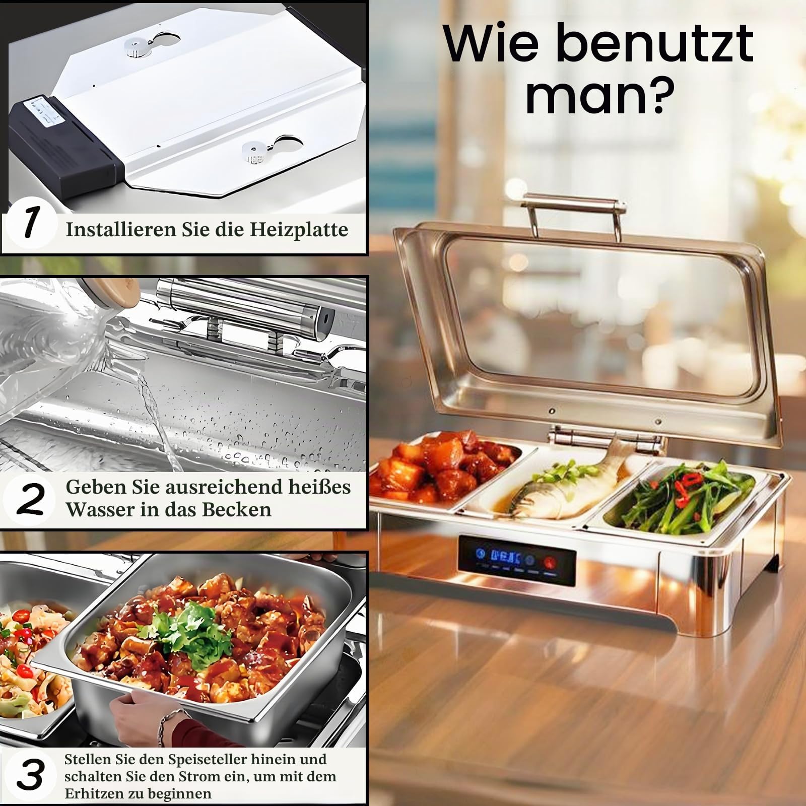 Elektrischer Chafing Dish Glasdeckel, 9L Edelstahl(1/3 Pan) | Speisewärmer Buffetwärmer Elektrisch Einstellbarer Temperatur, Warmhaltebehälter Essen Elektrisch mit Abnehmbarer Heizplatte