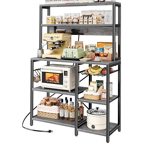 SUPERJARE Bakers Rack with Power Outlet, 35.4 Inches Coffee Bar with Wire Basket, Kitchen Microwave Stand with 6 S-Shaped Hooks, Open Storage Shelves, Charcoal Gray