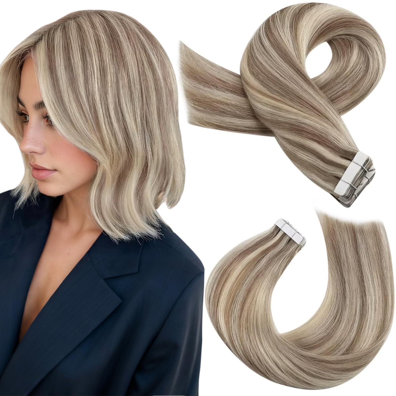 Moresoo Tape in Human Hair Extensions 20 Inch Highlight 50g/20pcs Tape in Hair Extensions Human Hair Ash Blonde with Platinum Blonde #P18/613 — view 31