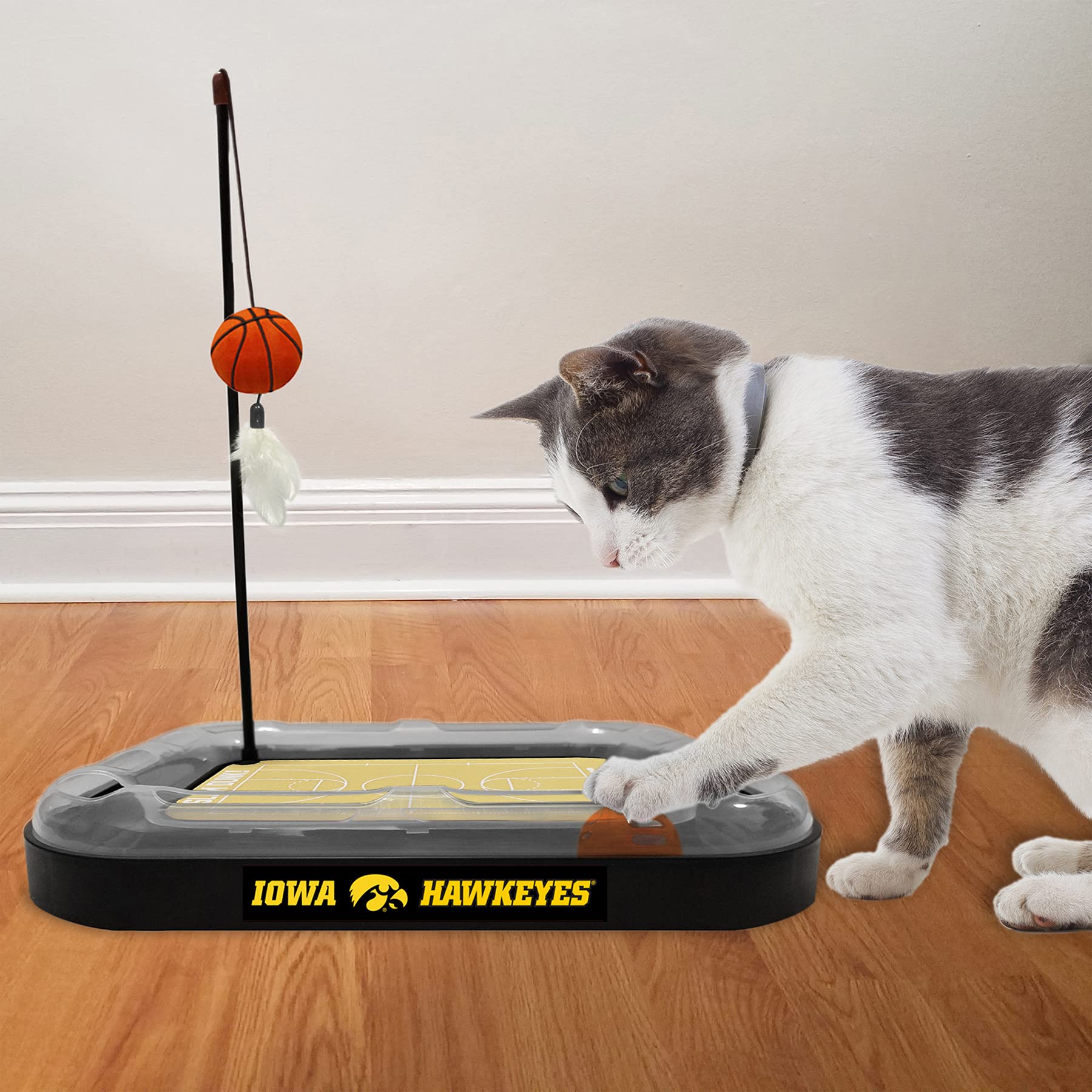 Tiragraffi per gatti NCAA Iowa Hawkeyes Campo da basket giocattolo per gatti con erba gatta riempita di peluche giocattolo da basket e piuma giocattolo per gatti da appendere, con sonaglio interattivo