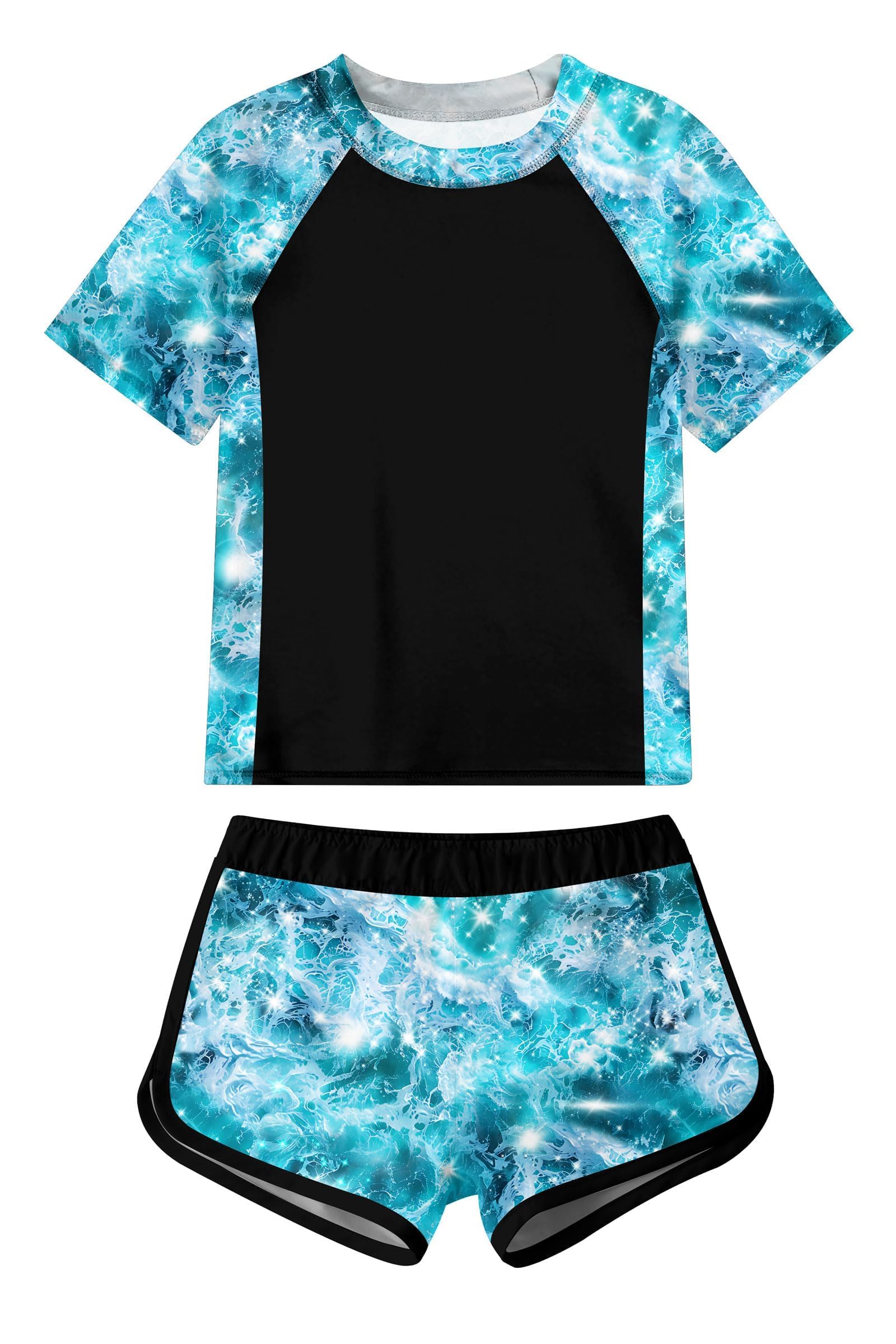 Idgreatim Girls Rashguard Swimsuit 2 Piece Short Sleeve Bathing Suit UPF 50+ Sun Proction Swimwear Size 8-16T