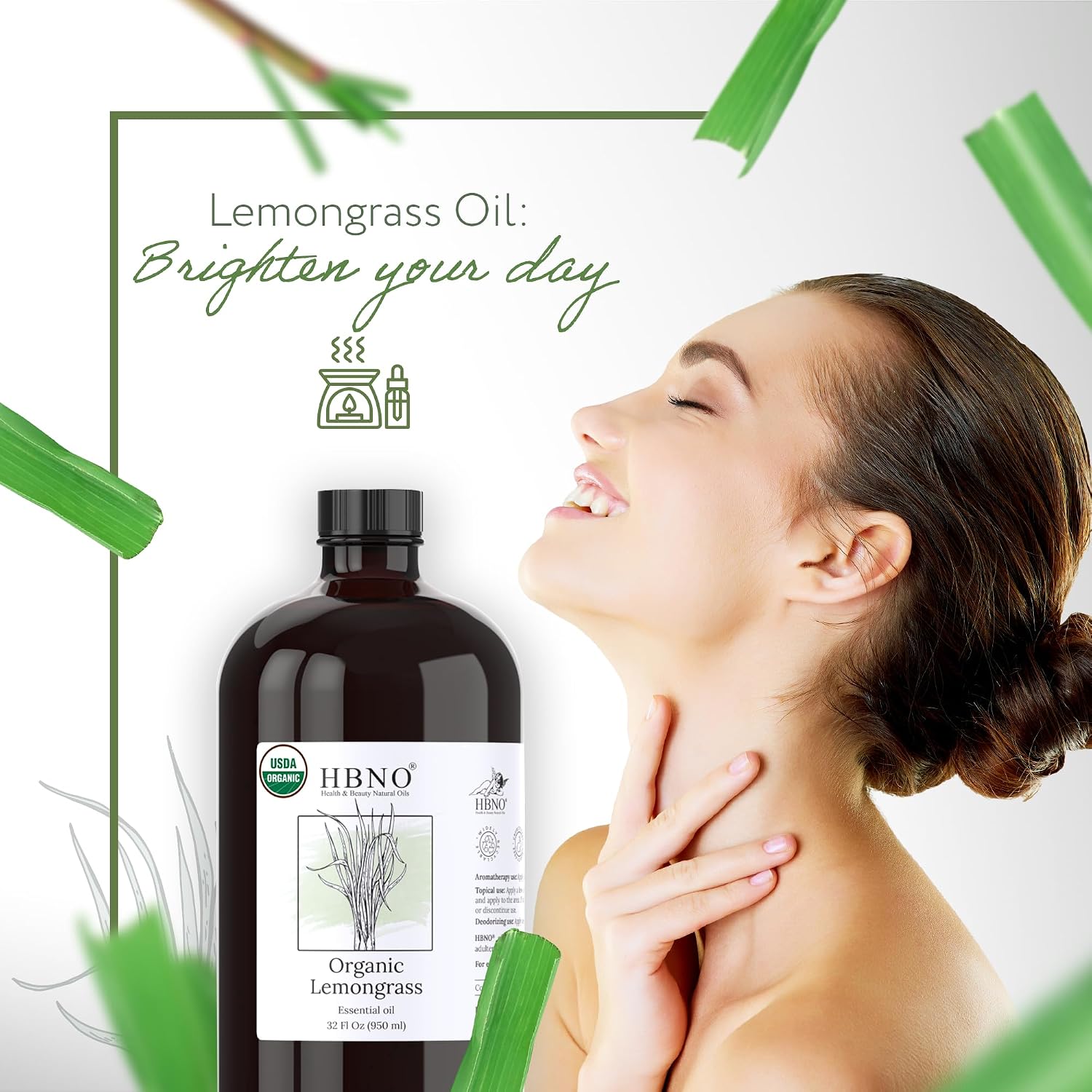 HBNO Organic Lemongrass Essential Oil - 32 oz (950ml) Large Size - Ideal for Shampoos, Conditioners, Mouth Washes, Face wash, Lotions, and Skin Care Products.