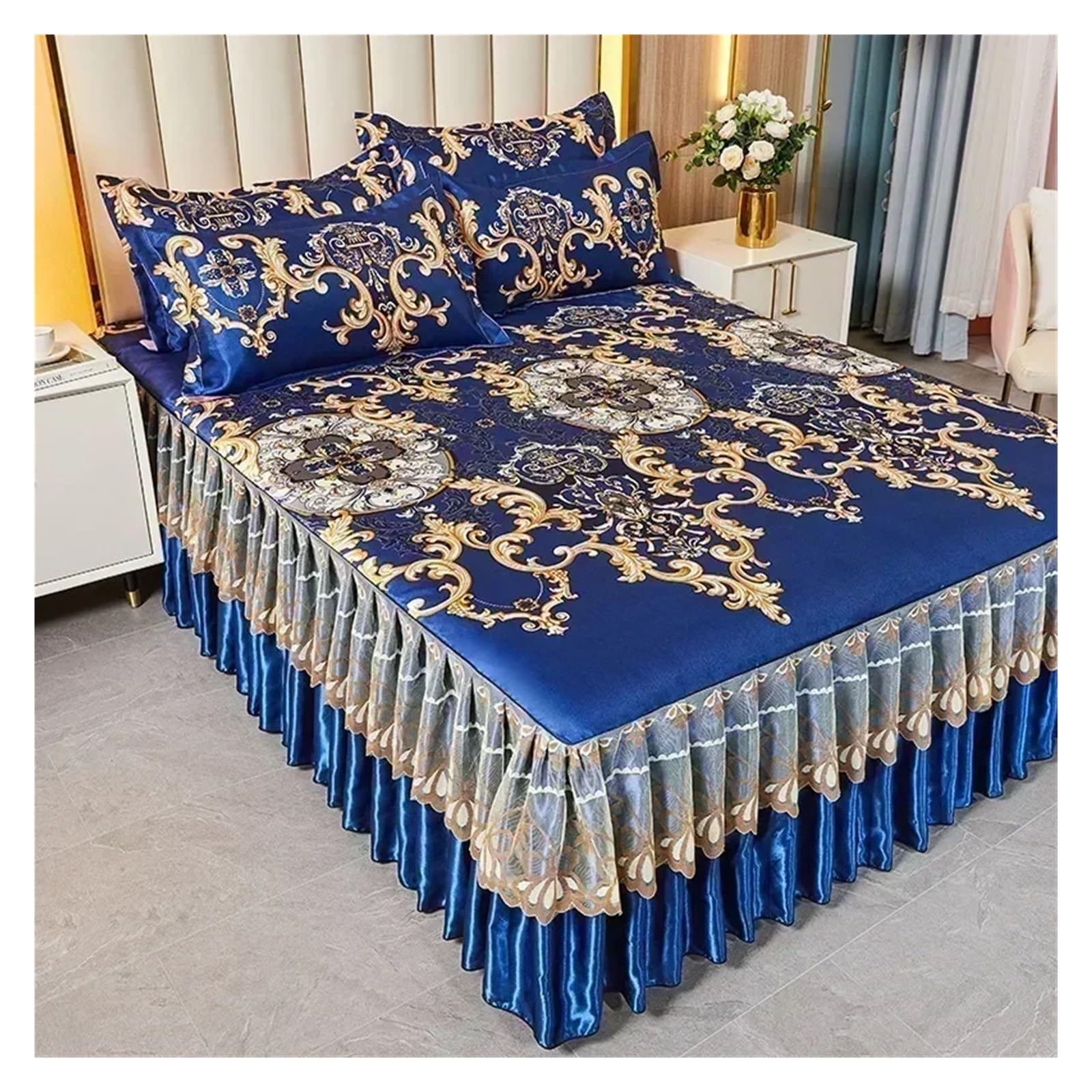 Bedding Set Folding Embroidered Sheets Bedding Bed Skirt King Queen Size Bed Sheet Set with Pillowcases(Color 2,3 pcs 180x220cm)