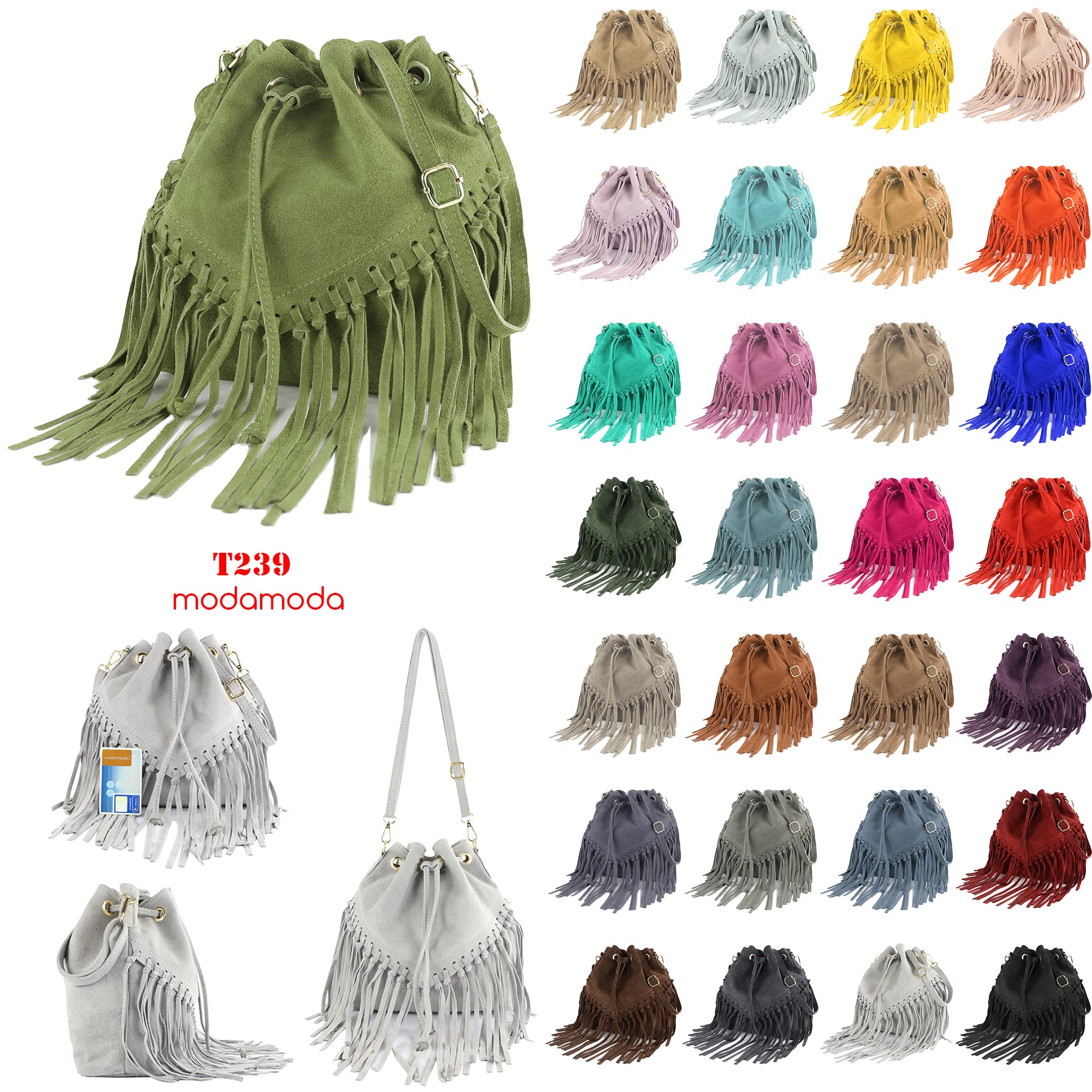 modamoda de T239 - Bolso bandolera para mujer de ante con flecos, fabricado en Italia