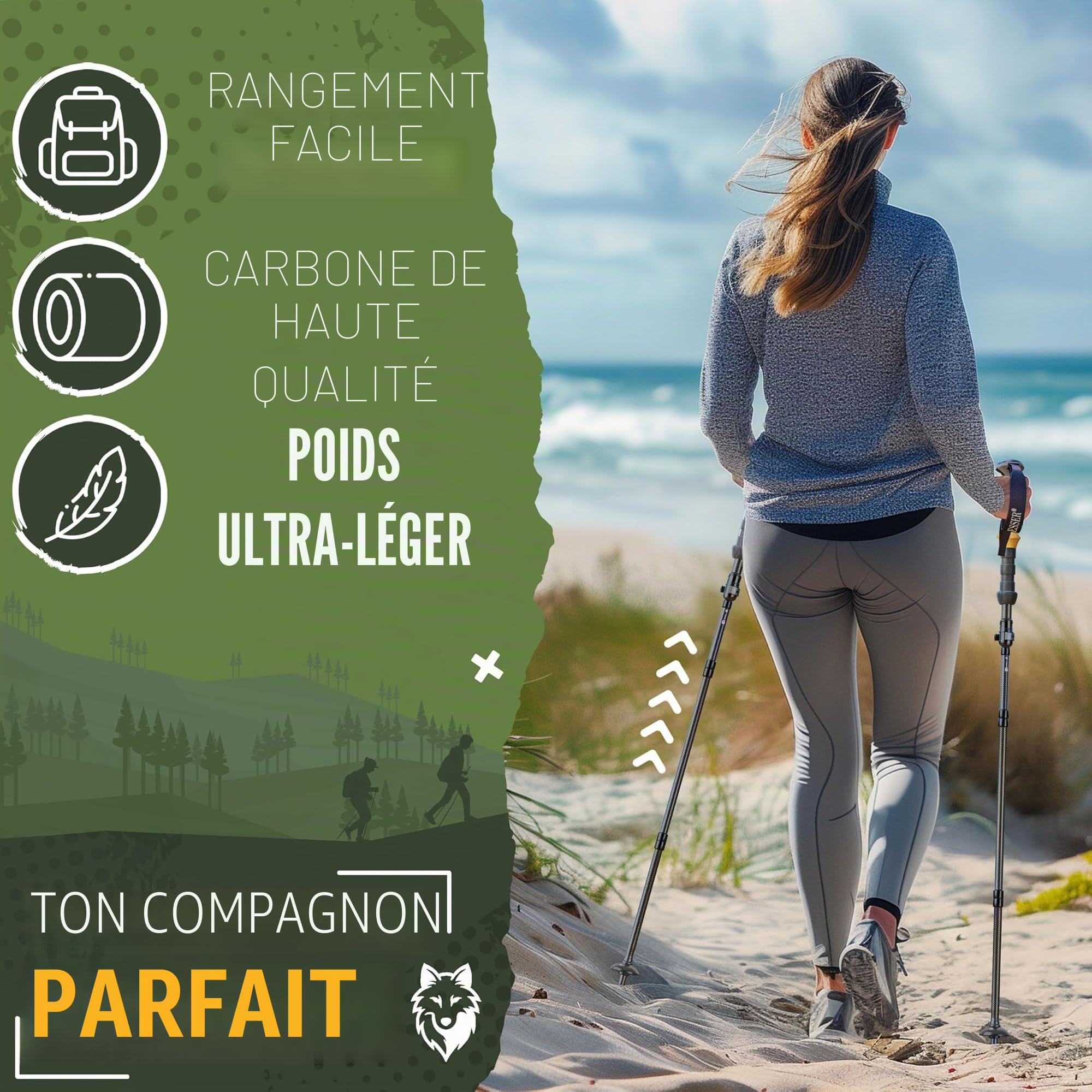 KESSER® Bâtons de randonnée pliables/télescopiques | Bâtons de marche nordique pour homme et femme | Bâtons de randonnée en aluminium/carbone avec poignée en liège 105-120 cm | Bâtons de trekking pour