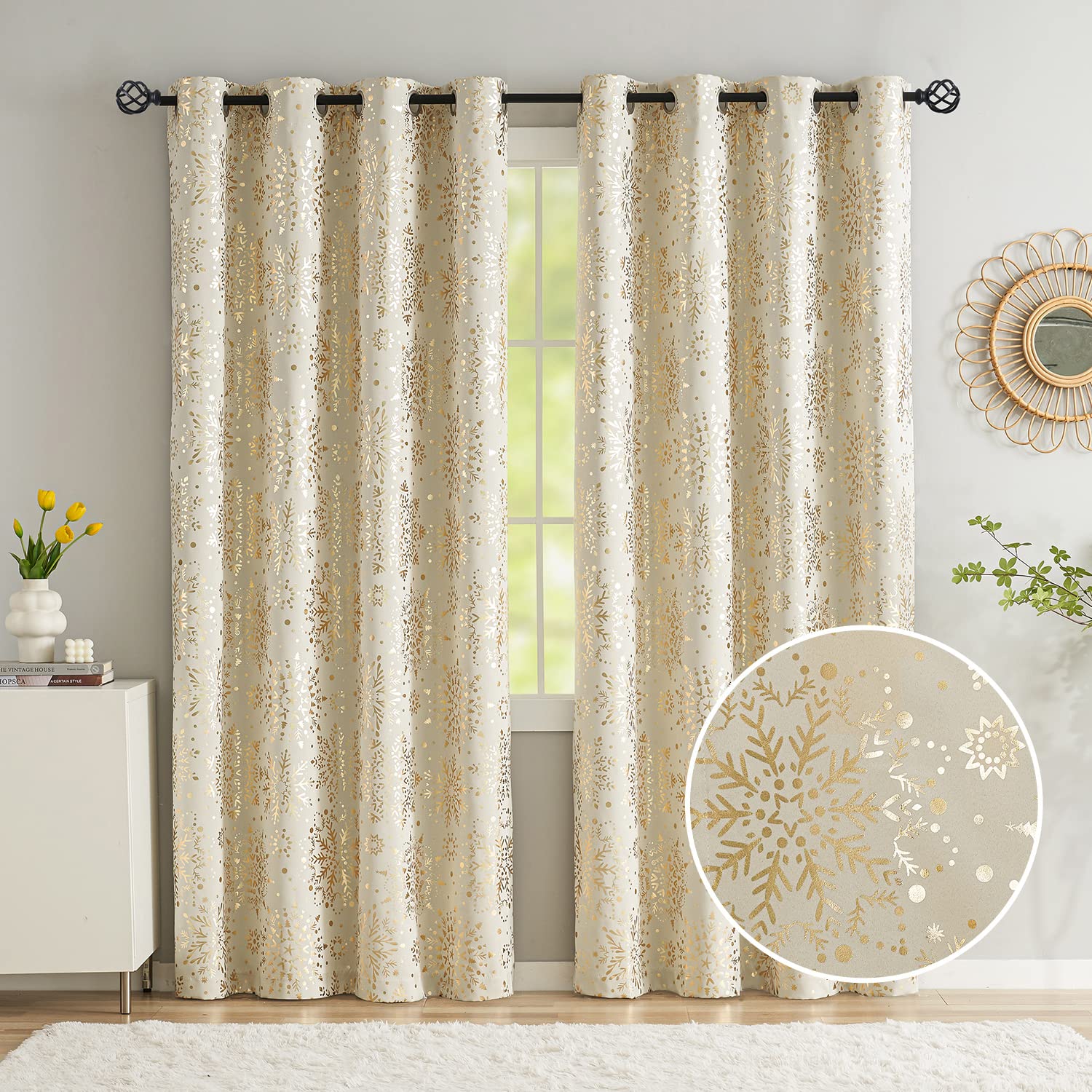 Beige Gold Blackout Window Curtains for Bedroom Snowflake Print Full Blackout 72inch Length Drapes for Christmas Holiday Thermal Insulated Energy Saving Window Treatment Set for Winter Decor 2pcs - Image 2
