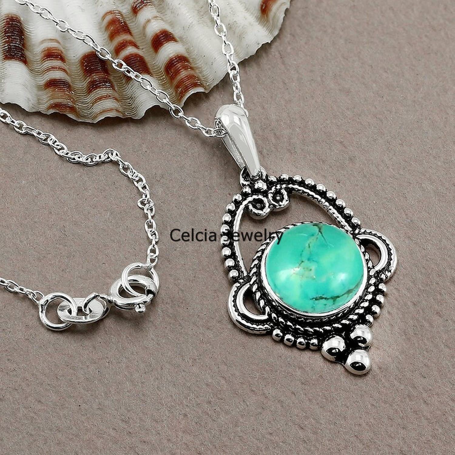 Collana in argento sterling massiccio 925 per donna, pietra preziosa blu turchese rotonda genuina, regalo unico fatto a mano con pietra natale di dicembre per lei