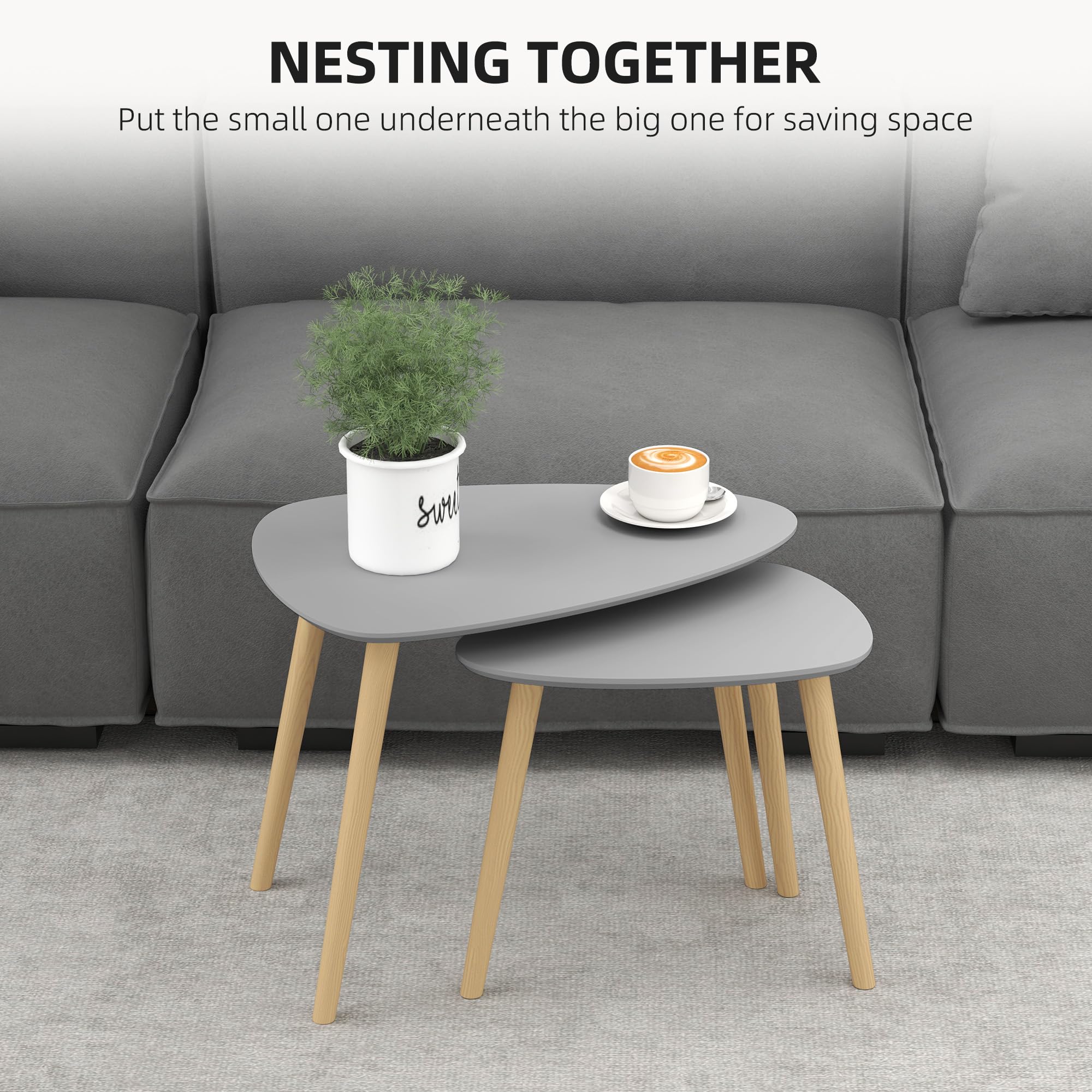 HOMCOM Set di 2 tavolini con gambe in legno Tavolini da caffè per soggiorno, camera da letto, ufficio 59,5x39,5x45 cm e 44,5x28,5x40 cm Grigio e naturale