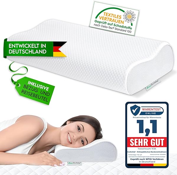 EcoSchlaf® Orthopädisches Kissen Premium Nackenstützkissen – Zertifiziert – Seitenschläferkissen Nackenkissen aus Soft Memory Foam – Ergonomisches Kopfkissen Nackenschmerzen Antischnarchkissen (Weiß)