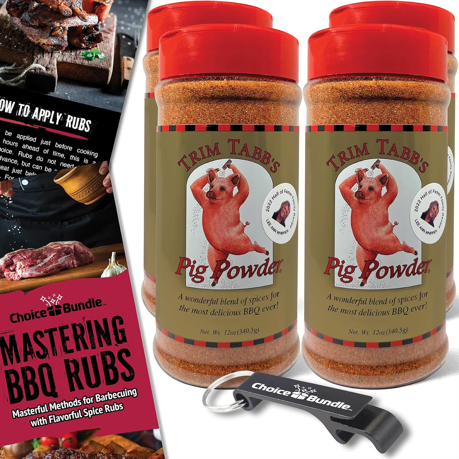 Trim Tabb’s Pig Powder Premium BBQ Barbecue Rub & Seasoning 4 Pk (48 oz) + Guide & Keychain Bottle Opener (6 Items)!