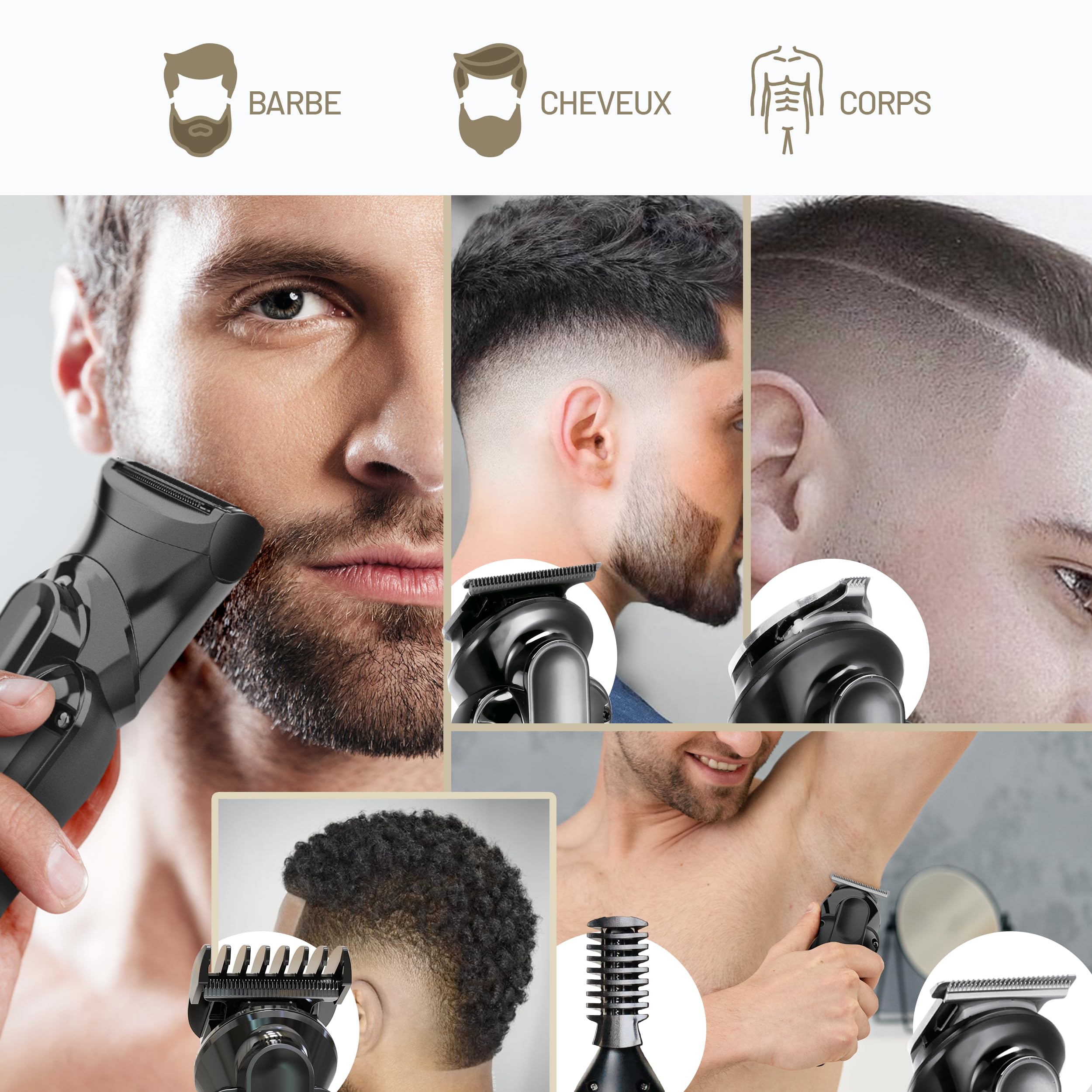 PORTENTUM Tondeuse barbe homme – Lot 21 pcs – LED – Rasoir Électrique Visage et Corps – Tondeuse Cheveux Polyvalente – 6 Têtes – 7 Sabots – USB-C – Autonomie 120 min – Support Organisateur Sans Fil