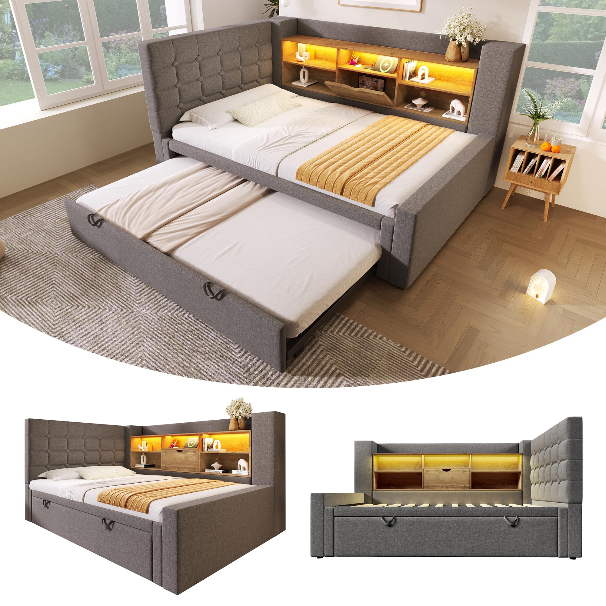 Cama tapizada de 90 x 200 cm con cama nido de 90 x 190 cm, iluminación LED, cama de almacenamiento, cabecero en forma de L con espacio de almacenamiento, montaje por ambos lados, somier, lino