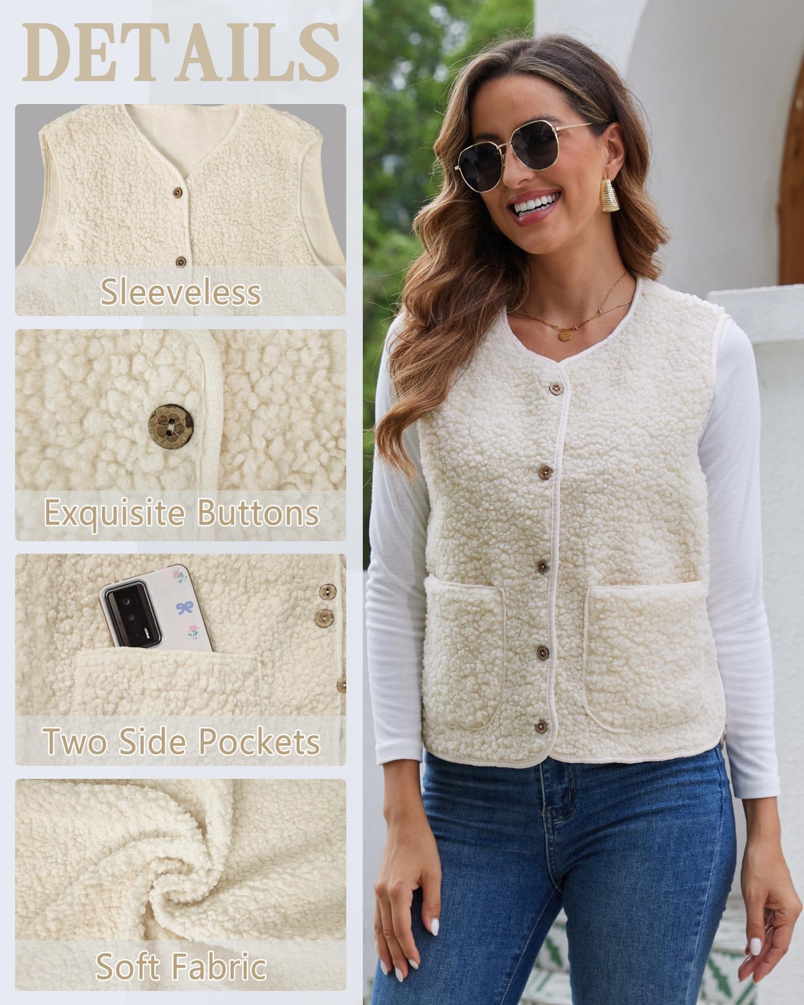 Yutdeng Gilet sans Manche Femme Automne Hiver Gilet en Molleton Classique Gilet Polaire Femme Doux Couleur Unie Veste sans Manches Chaud Manteau sans Manche Blouson Mode Matelassée Poches Bouton Fille