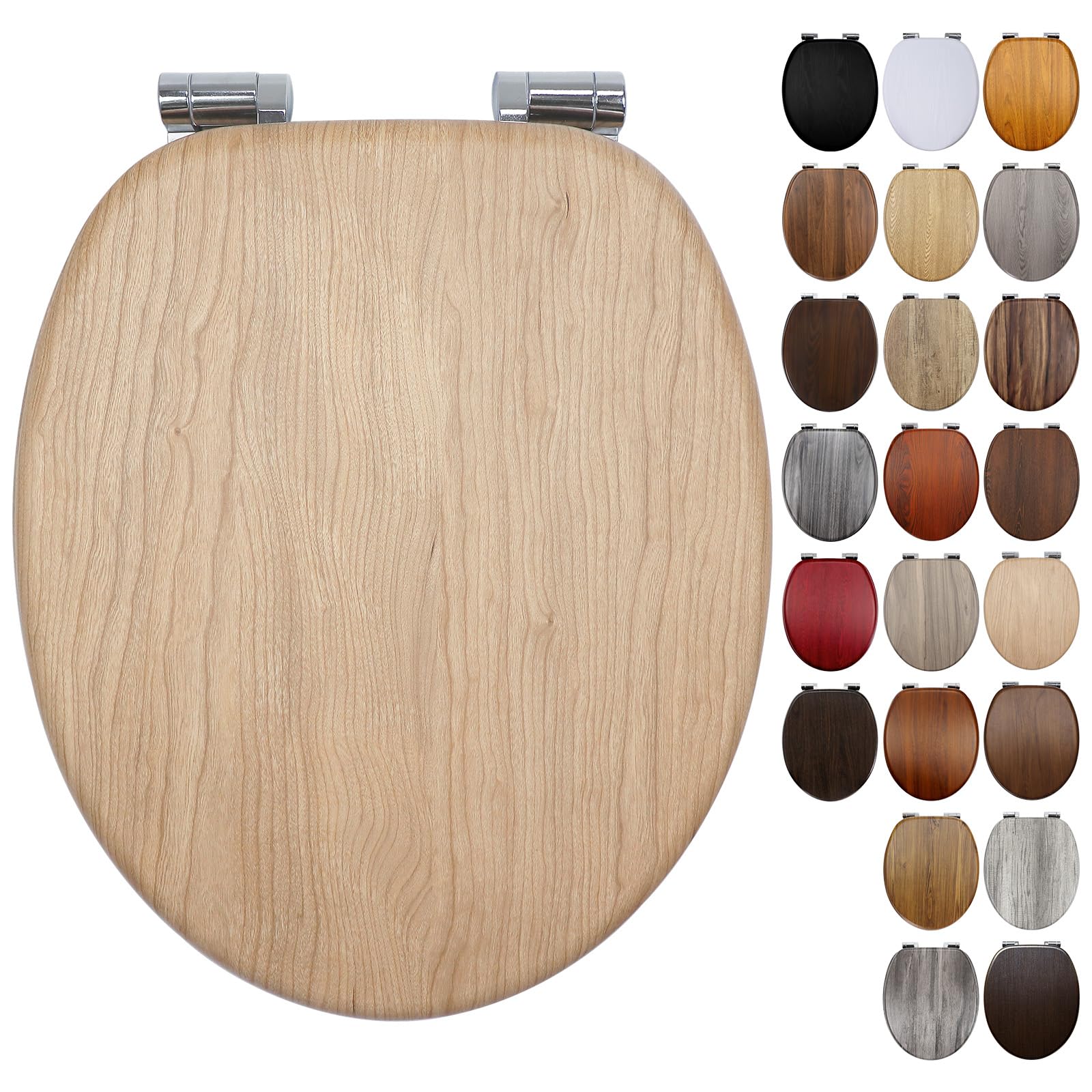 Fanmitrk Wooden Toilet Seat Soft Close with Adjustable Solid Zinc Alloy Hinges, MDF Wood Oval Toilet Seat with Bottom Fixings, Easy to Clean and Install (JHE100-1-01) โ image 1