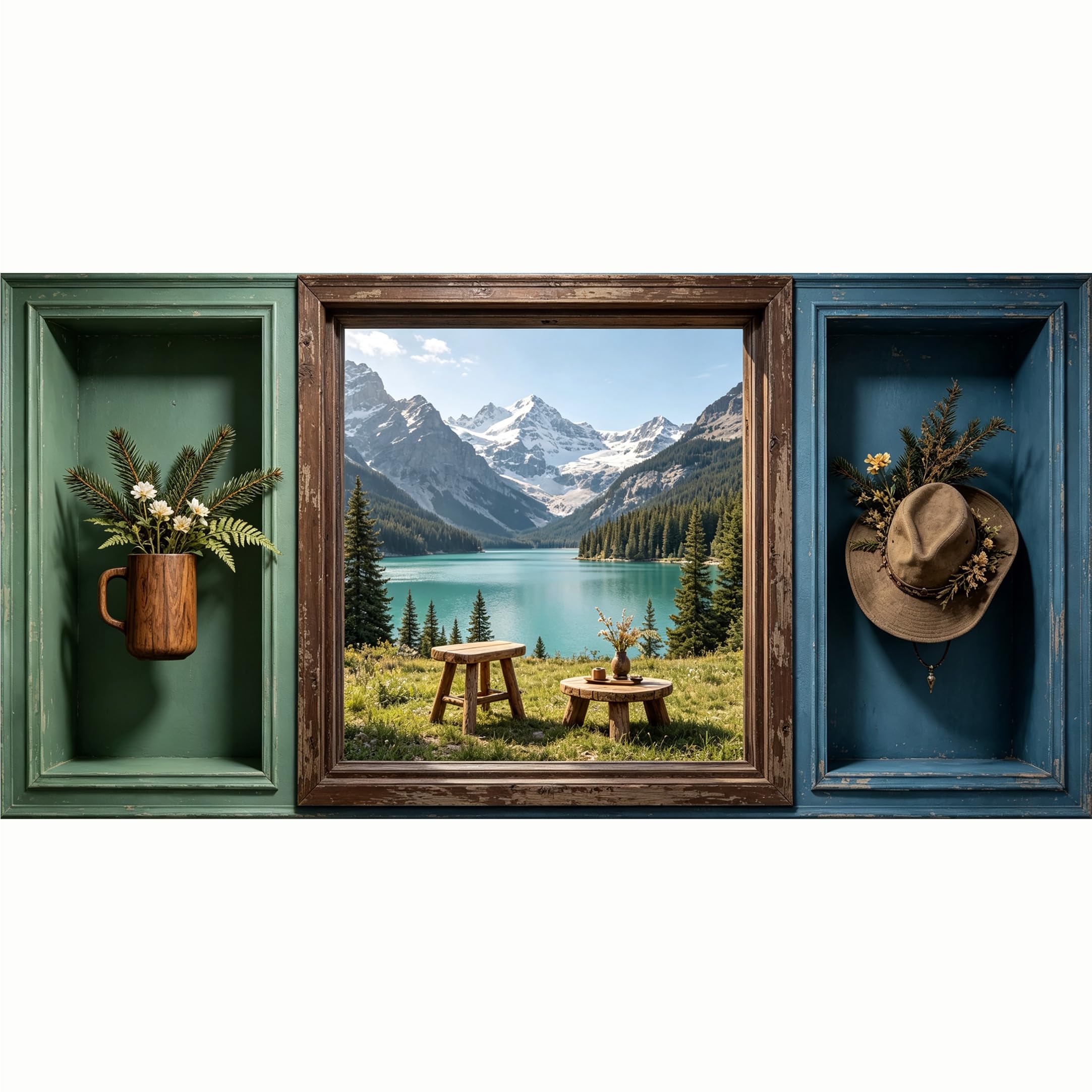 QZLITHOTIC 50x100cm 3D Framed Wall Art， Snowy Mountain Lake Landscape SelfAdhesive Mural， WaterActivated Peel & Stick Fabric Decor Wall Decal for Bedroom Living Room