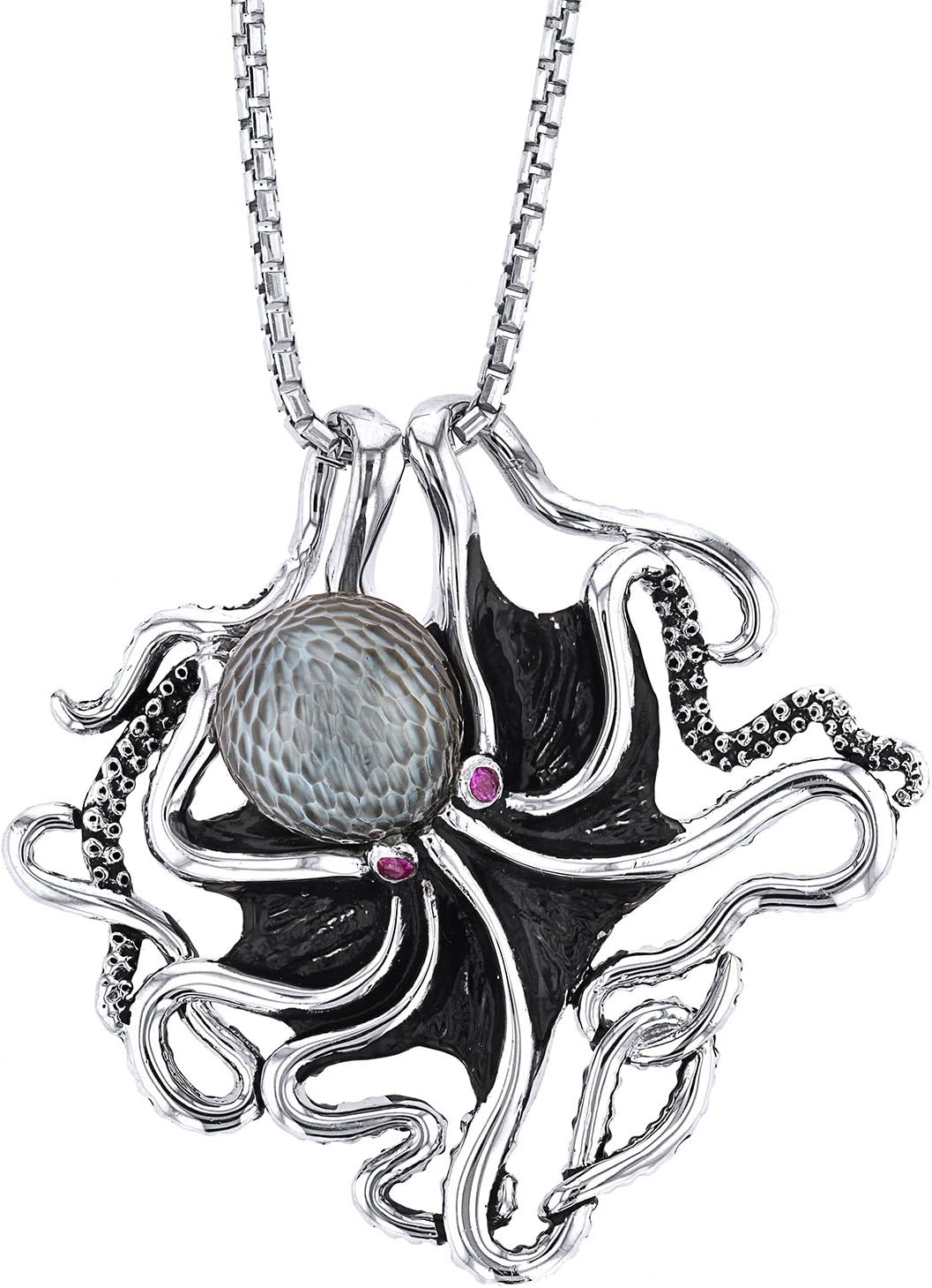 Galatea Sterling Silver Hawaii Octopus Carved Cultured Pearl Pendant Necklace, 18"