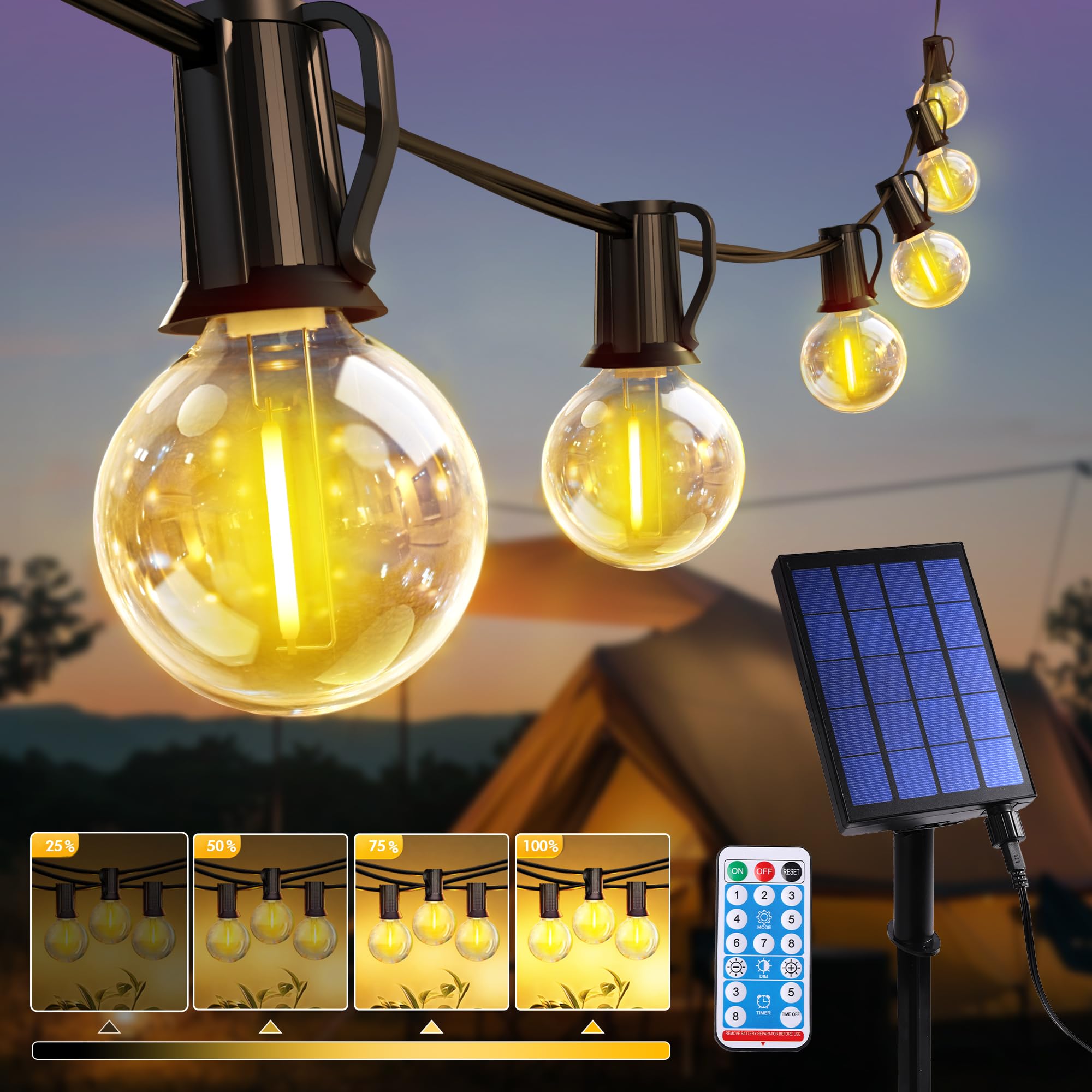Guirnaldas Luces Exterior Solar 15M 25+3 LED G40 Bombillas Cadena Luces Jardín con Batería 3600 mAh, IP44 Impermeable, 8 Modos, Control Remoto Luz Decoración para Terraza, Patio, Boda, Fiesta