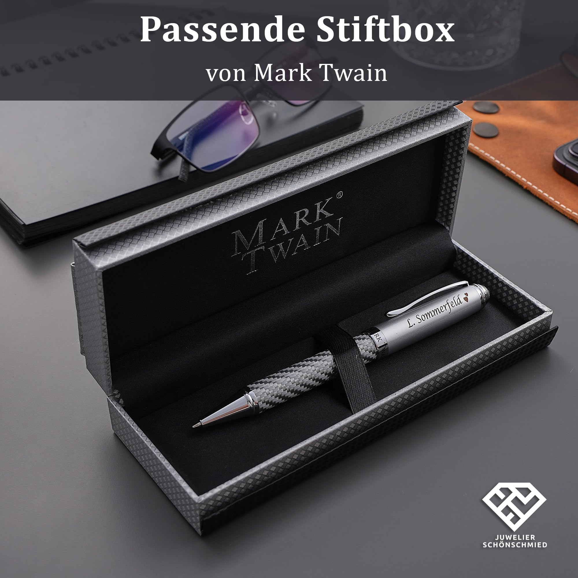 M A R K TWAIN Exklusive Kugelschreiber mit Gravur aus Metall inklusive Geschenkbox - in silbernem Karbondesign - Geschenk zum Geburtstag Jubiläum verschiedene Anlässe PS152