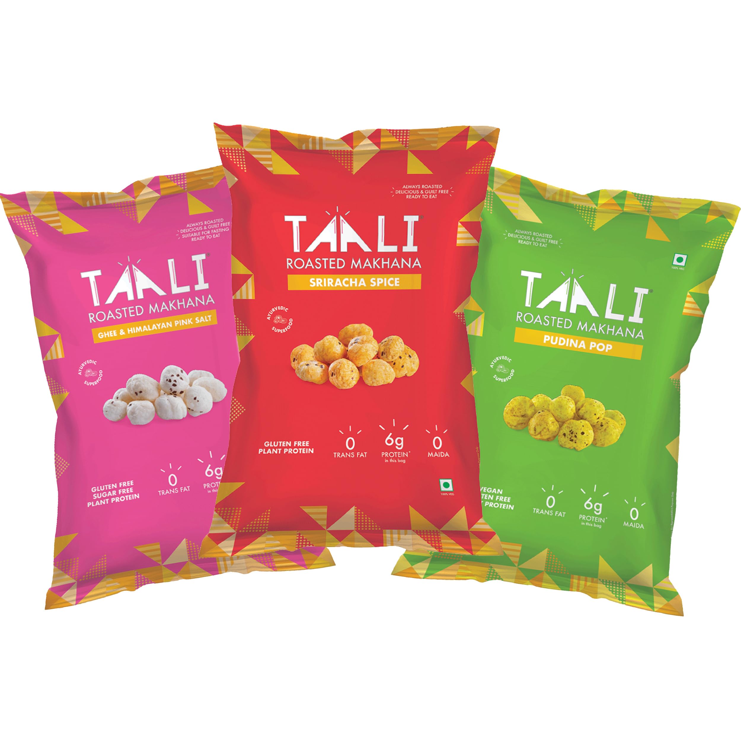 Taali Roasted & Flavoured Makhana Combo | Ghee & Himalayan Pink Salt, Sriracha Spice, Pudina Punch | 100% Natural, No Palm Oil, Rich in Protein (Pack of 3)