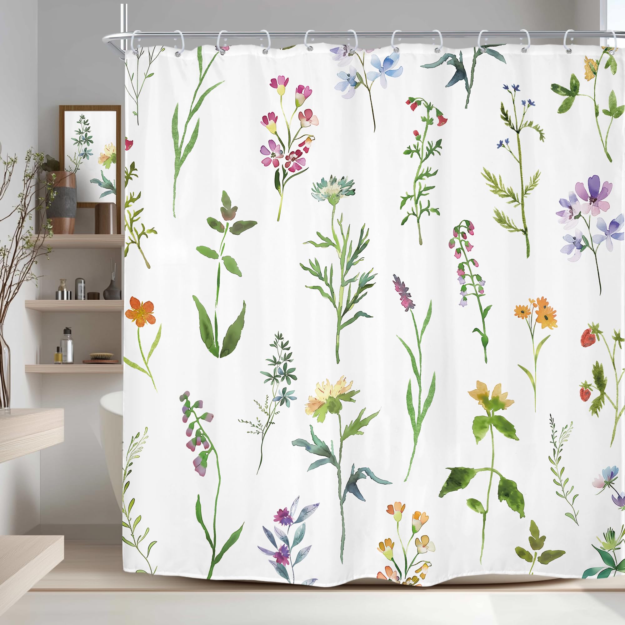 Riyidecor Botanical Shower Curtain for Bathdroom 72Wx72H Inch Watercolor Wildflower Shower Curtains Floral Leaves Plant Flower Girl Bathroom Accessories Women Fabric Waterproof 12 Plastic Shower Hooks
