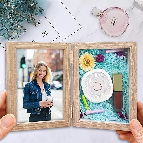 Miniatura 7 de ZEEYUAN Marco de fotos de 4 x 6 pulgadas, doble marco con bisagras y vitrina de sombra, marco de fotos plegable de 4 x 6 pulgadas, rústico con