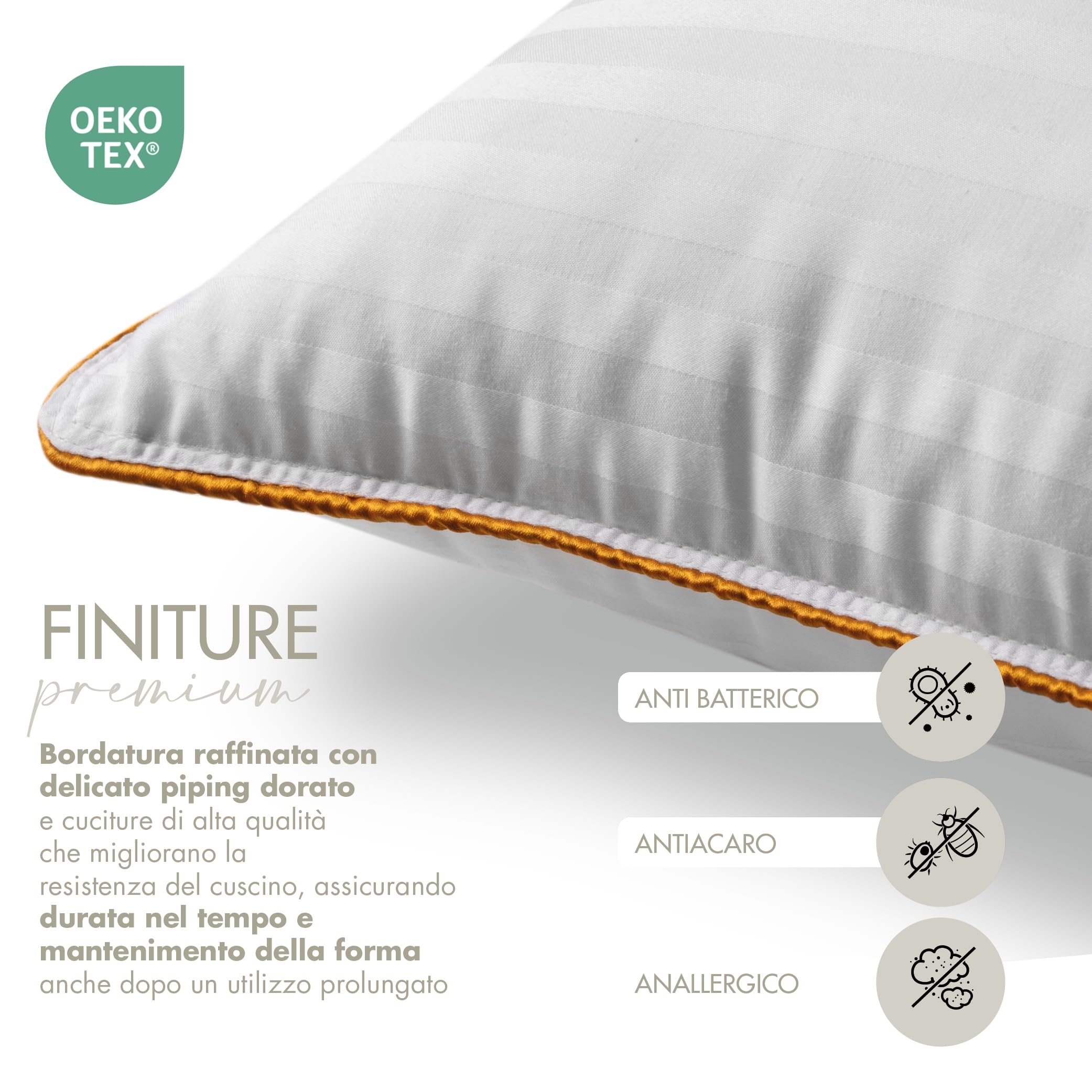 Cuscini Letto 100% COTONE ANALLERGICO Fibra Siliconica SET 2 Guanciali Morbidi e Traspiranti Cuciture Premium Made in Italy (2, CUCITURA ORO)
