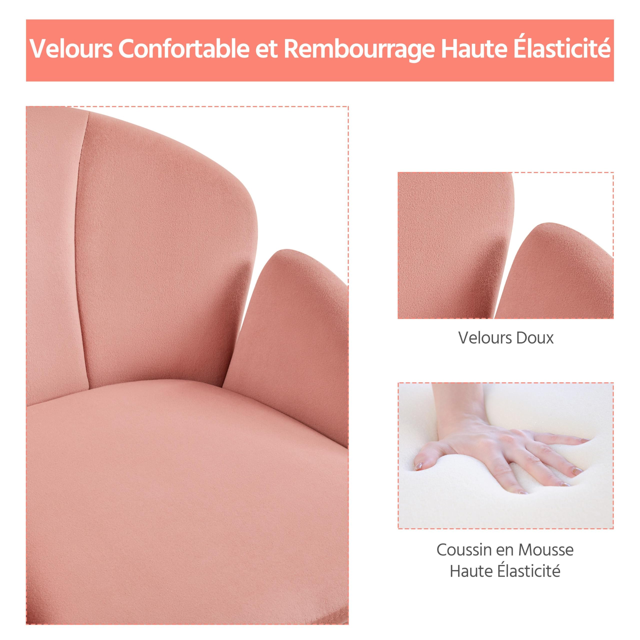 Yaheetech Chaise Bureau Design Fleur Fauteuil de Bureau en Velours Hauteur Réglable avec Dossier Arrondi Inclinable pour Chambre Bibliothèque Rose