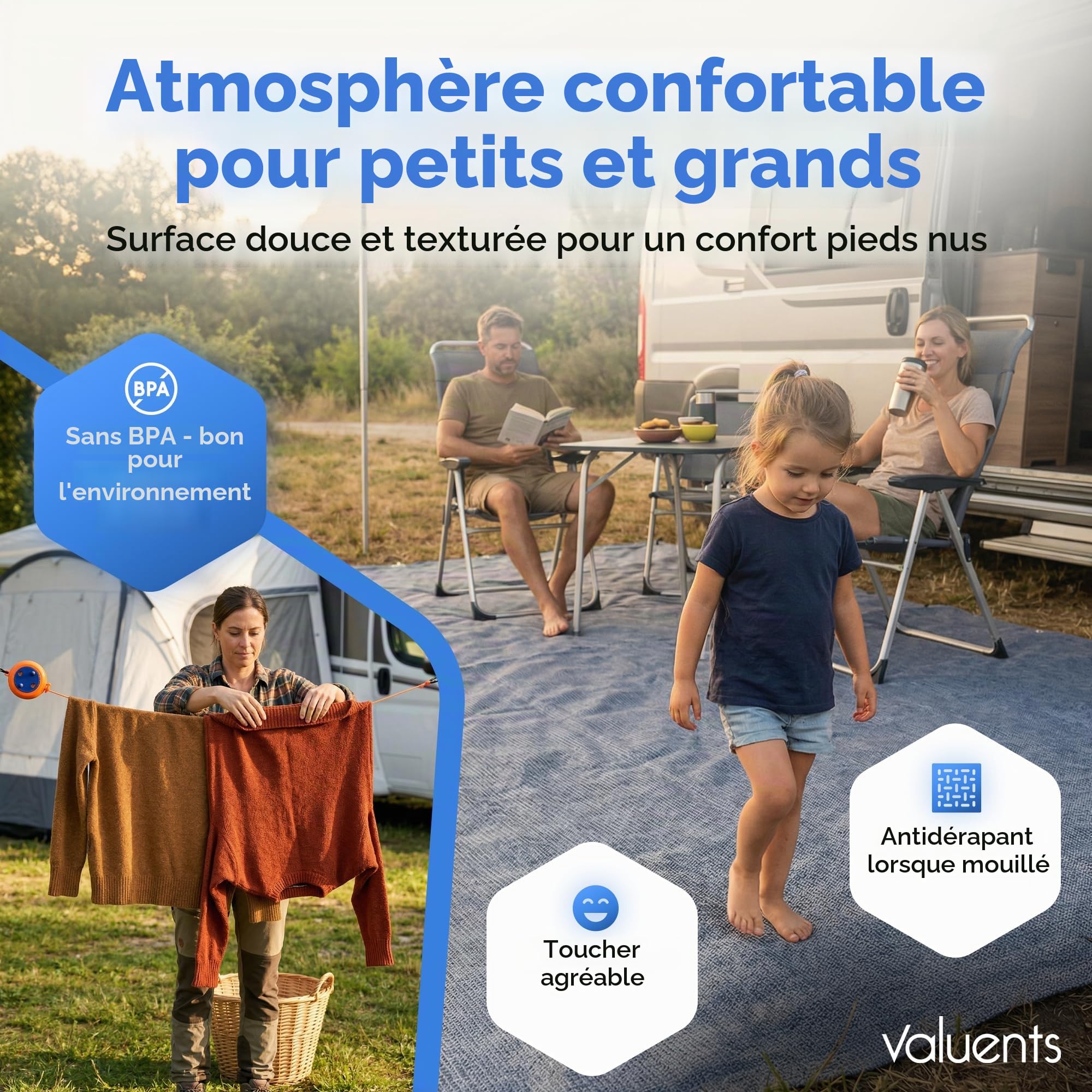 Tapis de camping extérieur pour auvent - Bleu/gris - Différentes tailles - avec sac de transport, corde à linge et 8 piquets en T
