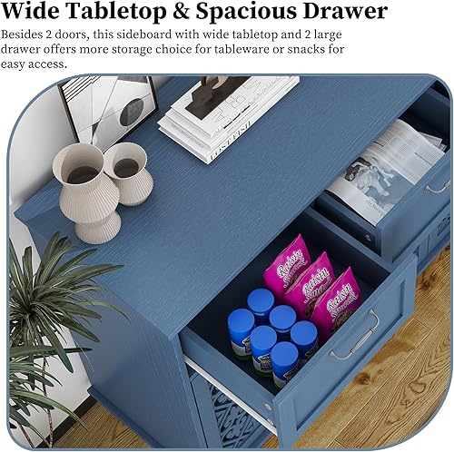 Miniatura 4 de Armario de almacenamiento de cocina con cajones - Armario decorativo con puerta tallada, aparador de piso buffet con almacenamiento, pequeña Azul_2