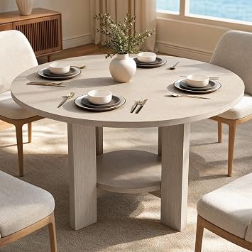 47 Inches Round Dining Table for 4-6 People, Wood Circle Kitchen Table with Under-Table Storage Shelf, Modern Dinner Table for Dining Room, Kitchen, Living Room, White Oak Gray