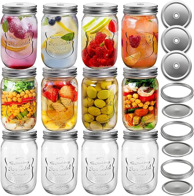 Jucoan 12 Pack 16 oz Glass Drinking Jar with 12 Straw Lids and Extra 12 Airtight Metal Lids, Old-Fashioned Beveraged Drinking Glass for Smoothies, Spices, Food Storage, Preserving, Meal Prep