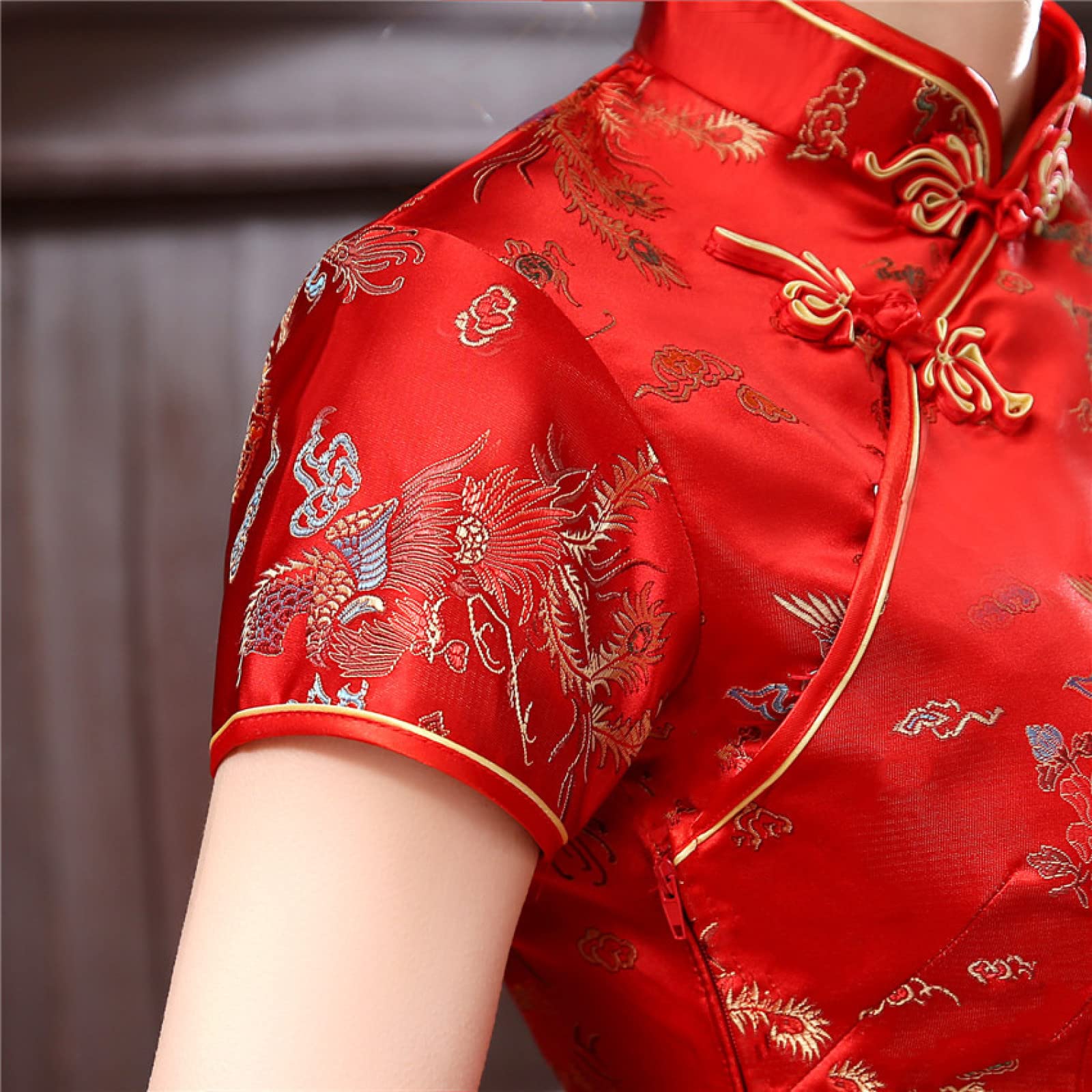 YAROVA Vestito da Cinese Donna -Abbigliamento Tradizionale Cinese Slim Cheongsam Estate Manica Corta Party Matrimonio Qipao Donna Ricamo Elegante Retro Split Long Dress