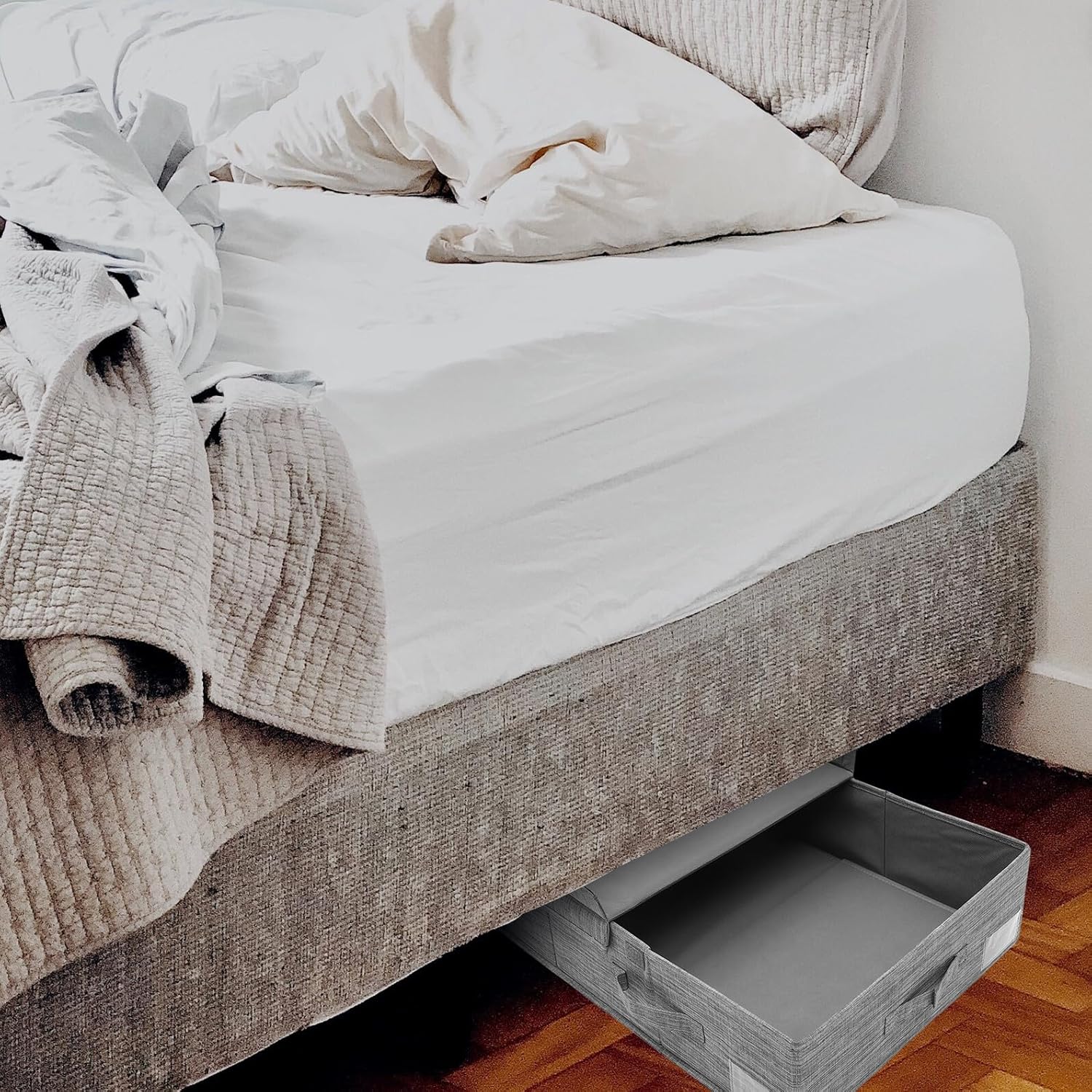 FAVOMOTO Bed Storage Box with Lid Large Foldable Clothes Organizer Bag Grey Fabric Storage Bin for Blankets Quilts