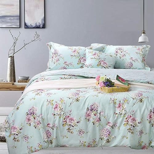 Miniatura 25 de FADFAY Juego de funda de edredón floral 100% algodón a rayas verdes y beige, ropa de cama de flores desgastadas con diseño de ramas botánicas