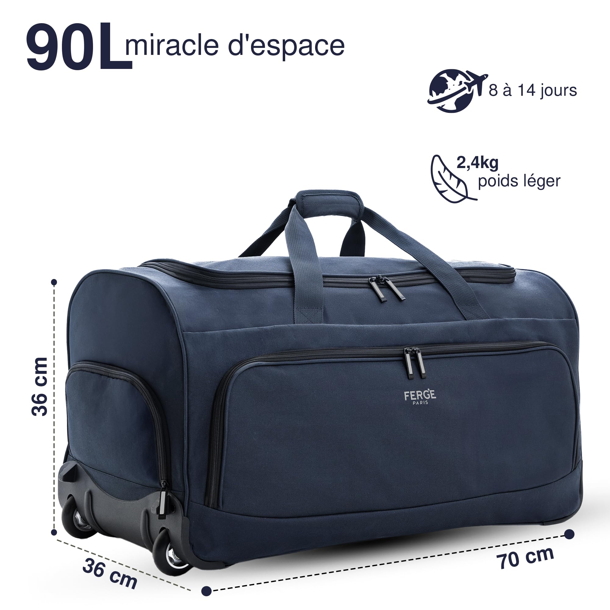FERGÉ Sac de Voyage à roulettes Paris | Compartiment séparé pour Chaussures Bagage Souple Trolley Sac de Voyage 90 litres, Marine